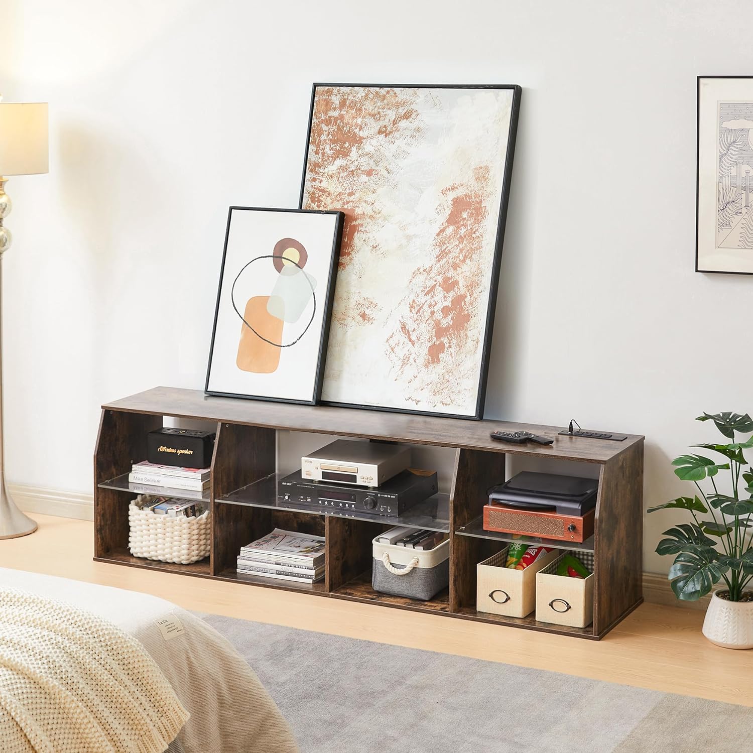 VECELO TV Stand with LED Strip & Power Outlets, Industrial Entertainment Center