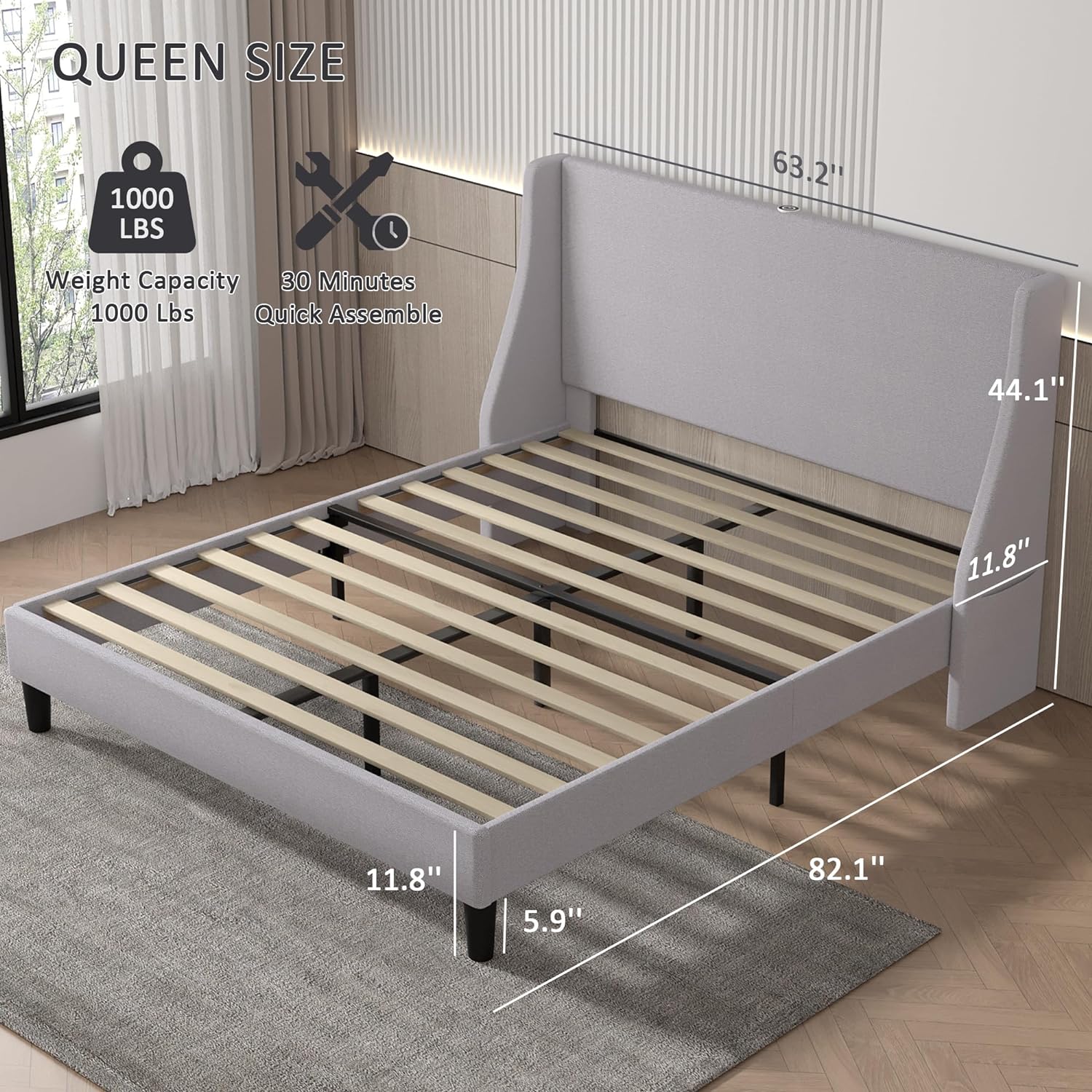 VECELO Bed Frame with Upholstered Wingback Headboard - VECELO
