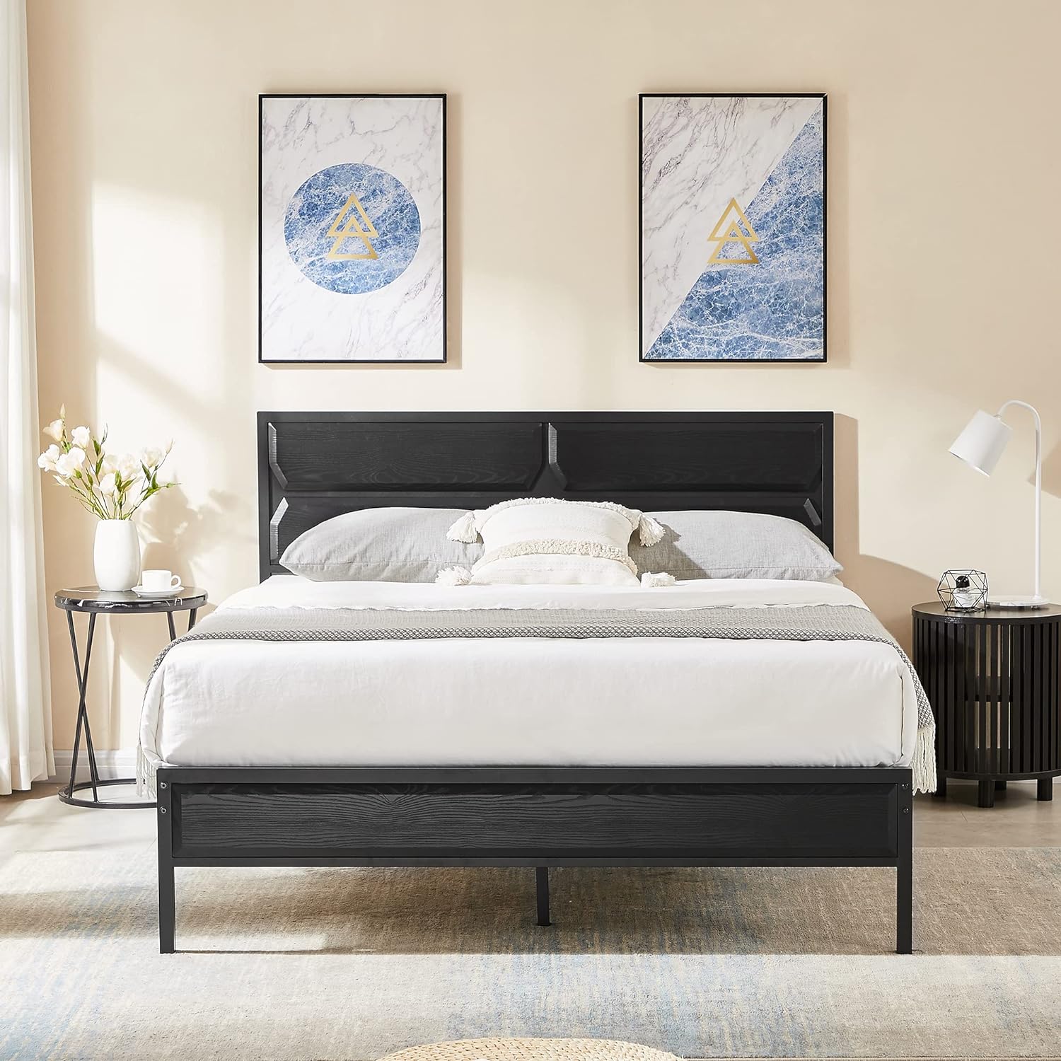 VECELO Metal Bed Frame Platform with Wooden Headboard&Footboard Mattress Foundation