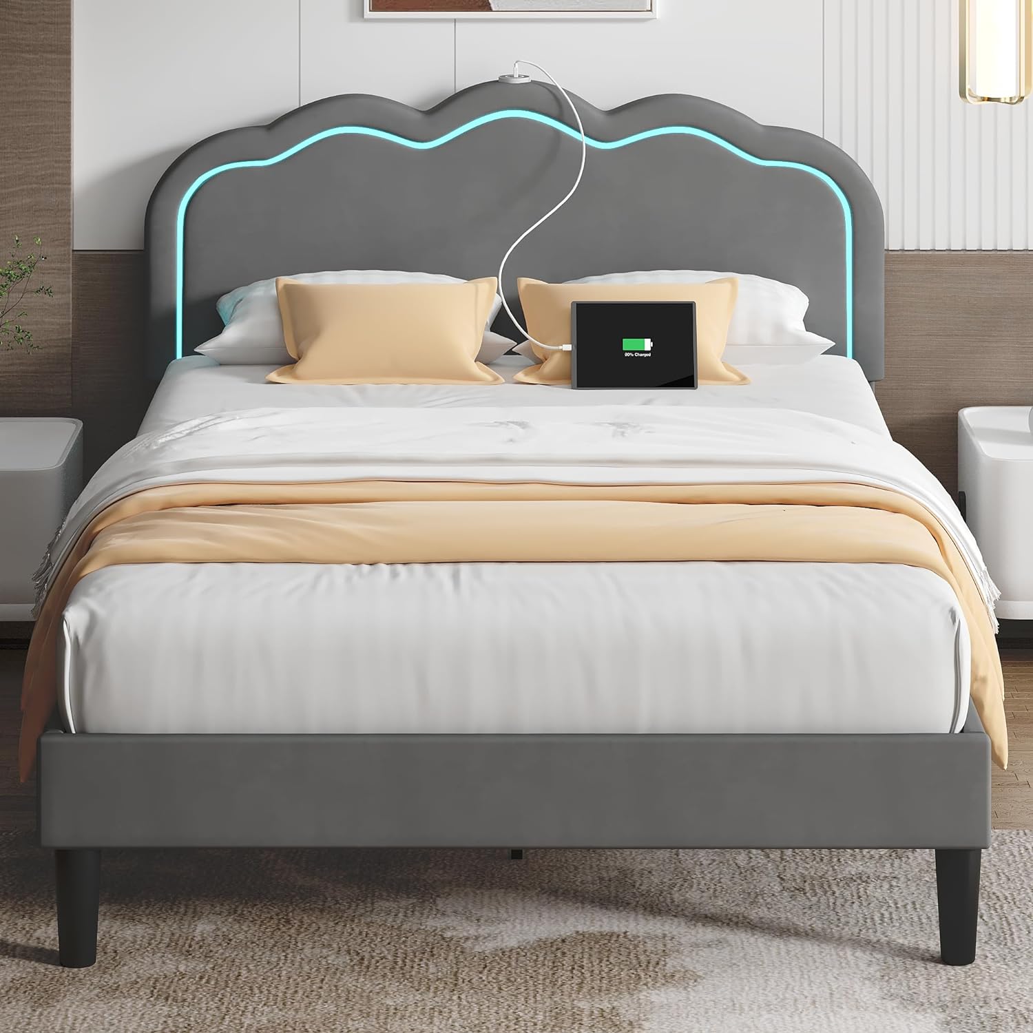 VECELO Upholstered Velvet Platform Bed Frame with Headboard Adjustable, LED Lights, USB-A & Type-C