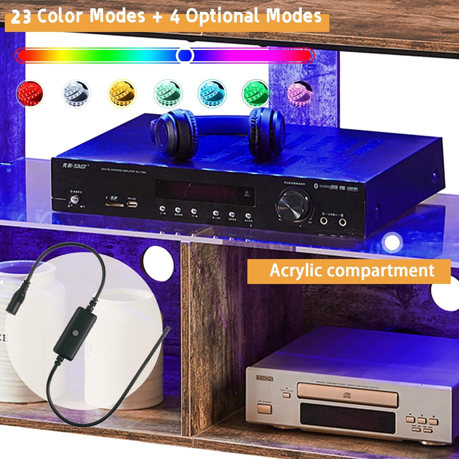 VECELO TV Stand with LED Strip & Power Outlets, Industrial Entertainment Center