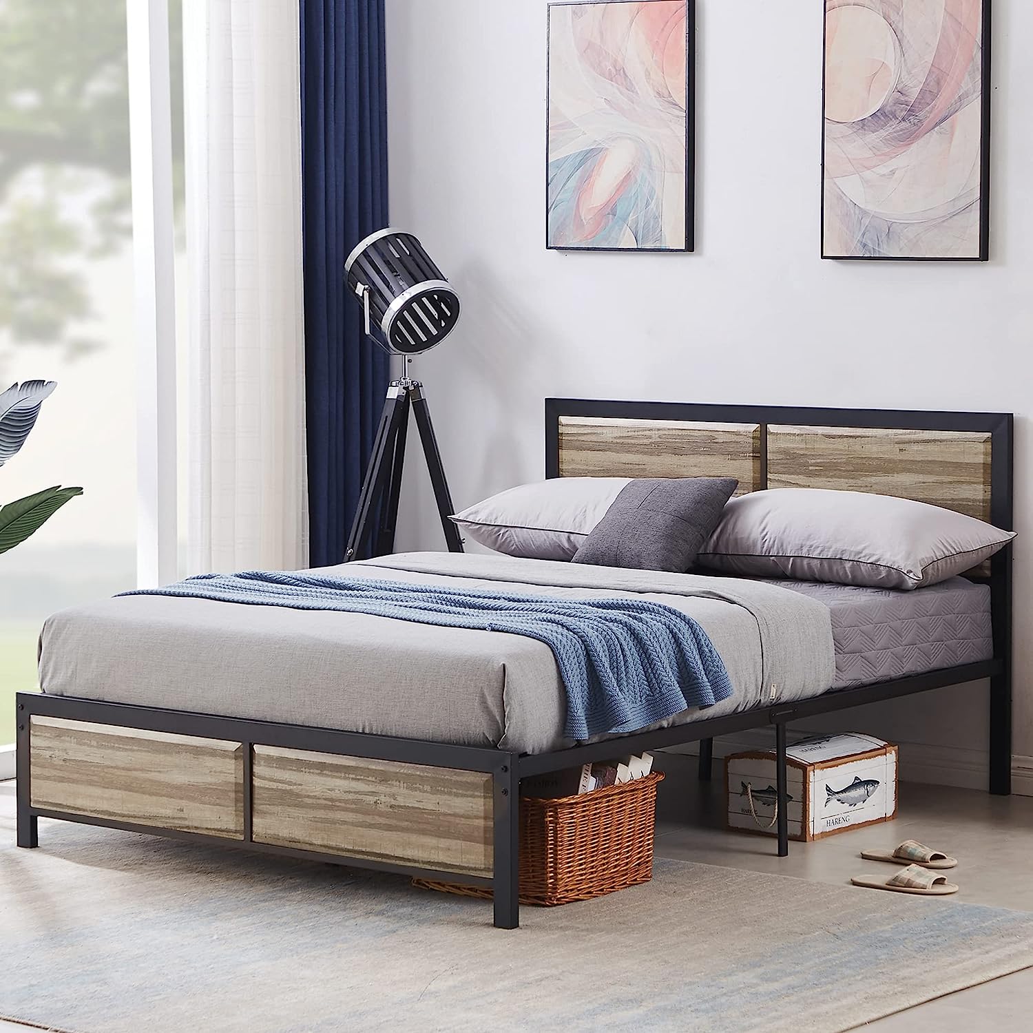 VECELO Platform Bed Frame/Mattress Foundation with Rustic Vintage Wood Headboard