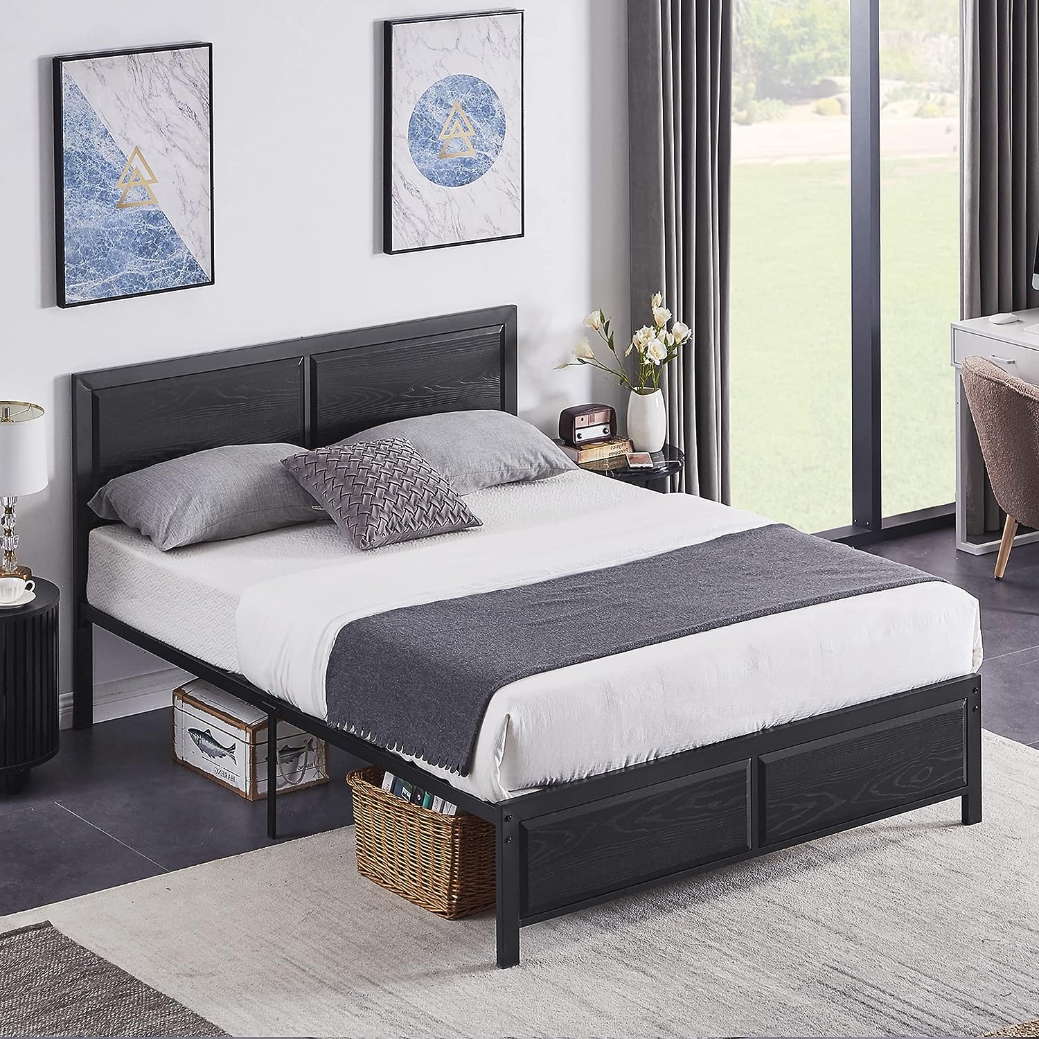 VECELO Platform Bed Frame/Mattress Foundation with Rustic Vintage Wood Headboard