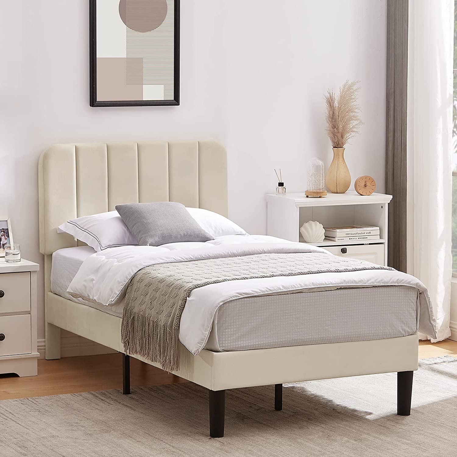 VECELO Bed Frame, Upholstered Platform bedframe with Adjustable Headboard, No Box Spring Needed
