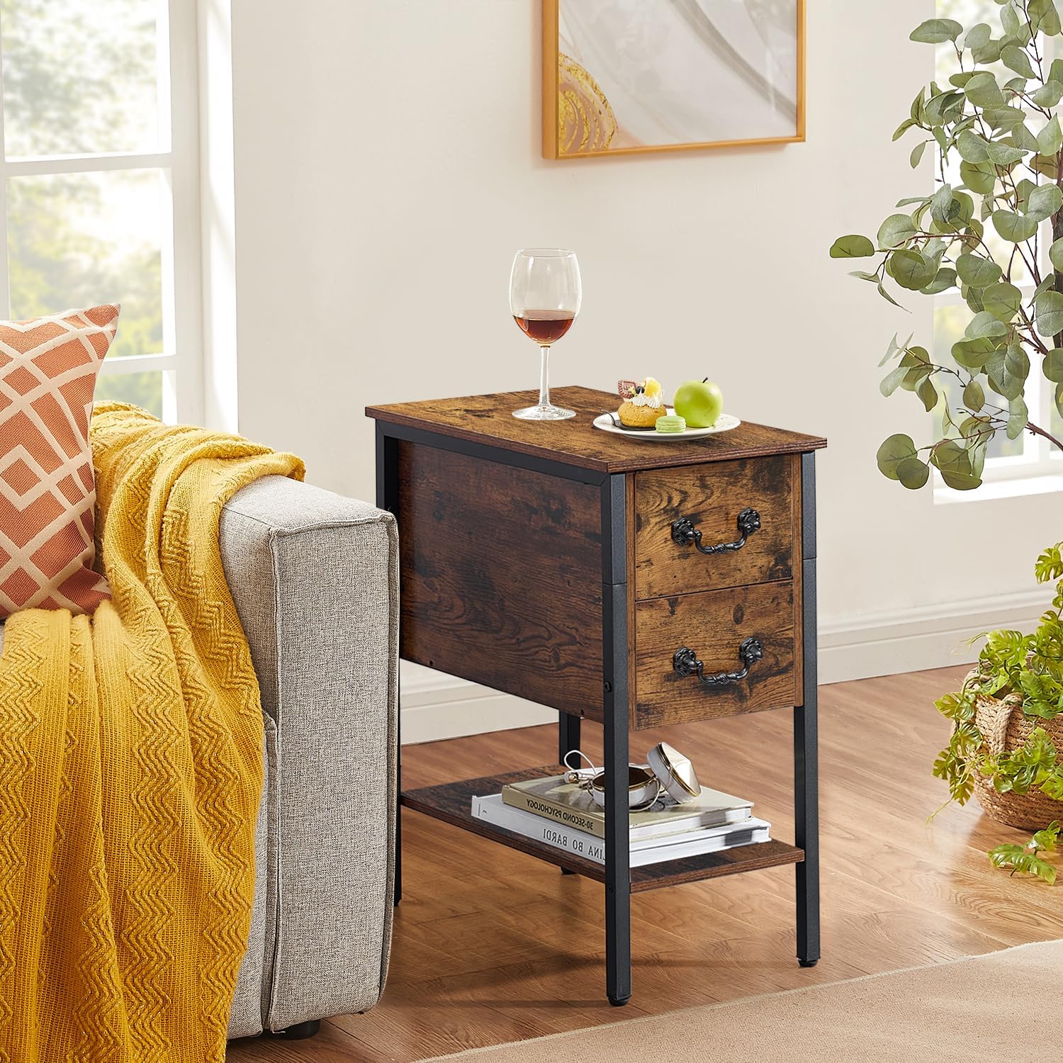 VECELO End Tables,Narrow Nightstands with Charging Station & USB Ports &Drawers