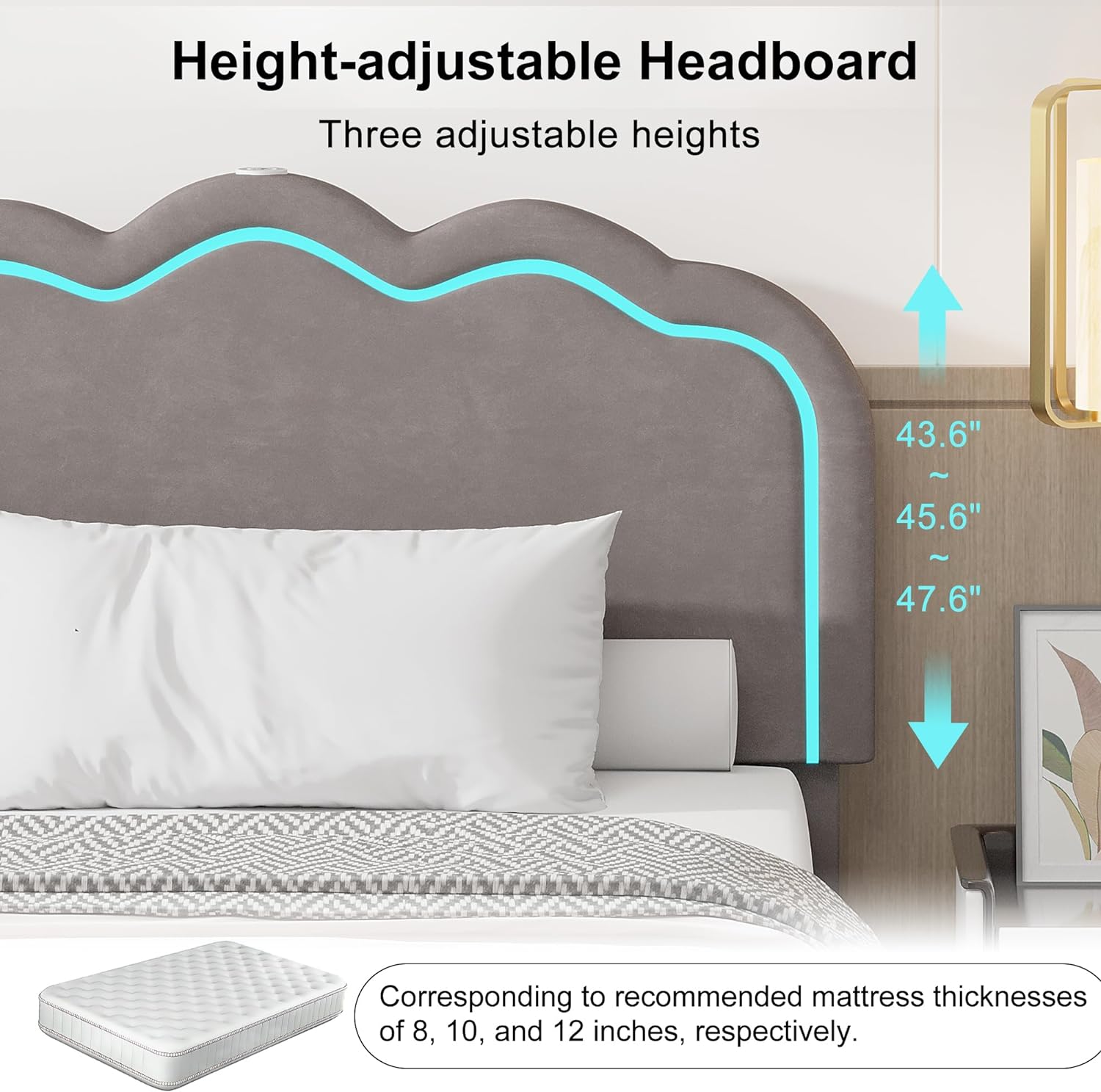 VECELO Upholstered Velvet Platform Bed Frame with Headboard Adjustable, LED Lights, USB-A & Type-C