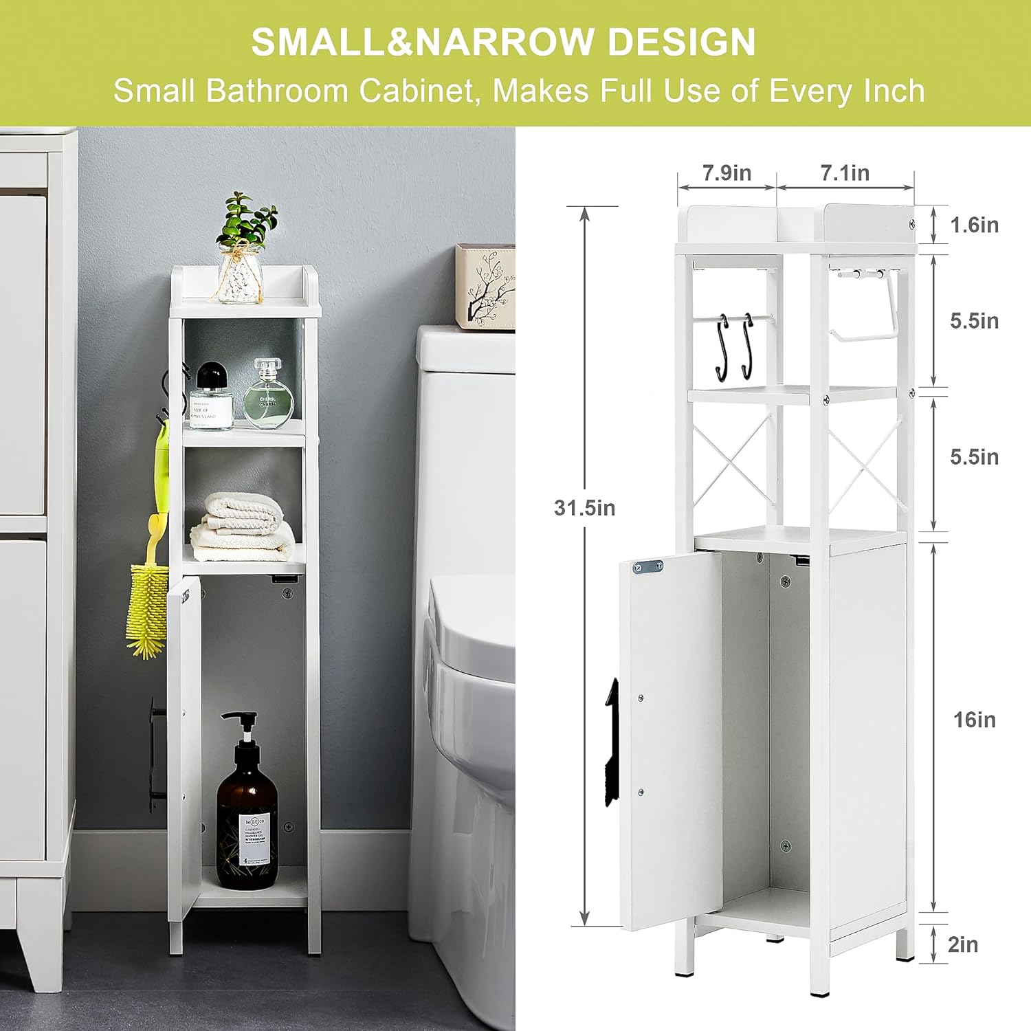VECELO Small Bathroom Cabinet, Slim Toilet Paper Holder with Door & 2 Shelves