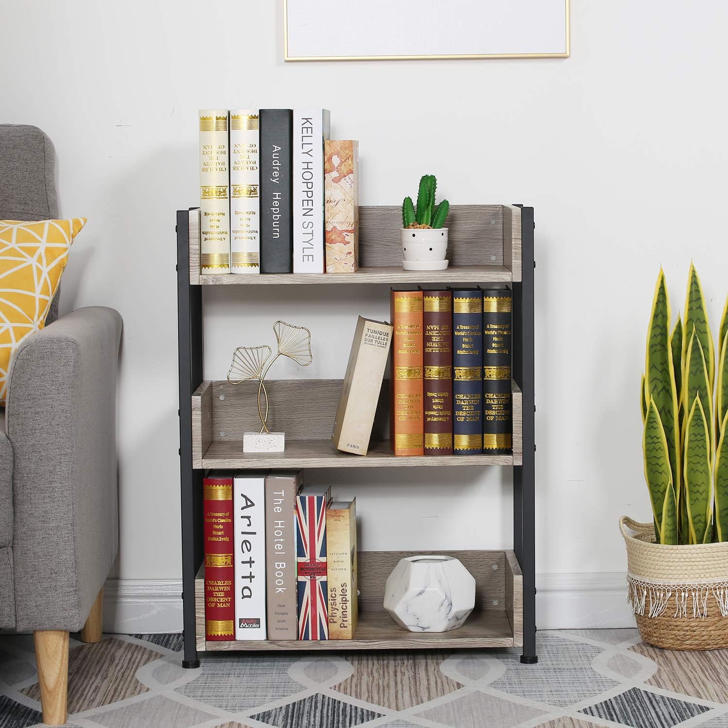 VECELO Bookshelf, 30" H Small Bookcase,3-Tier Storage Organizer,Wood Bookcase with Steel Frame