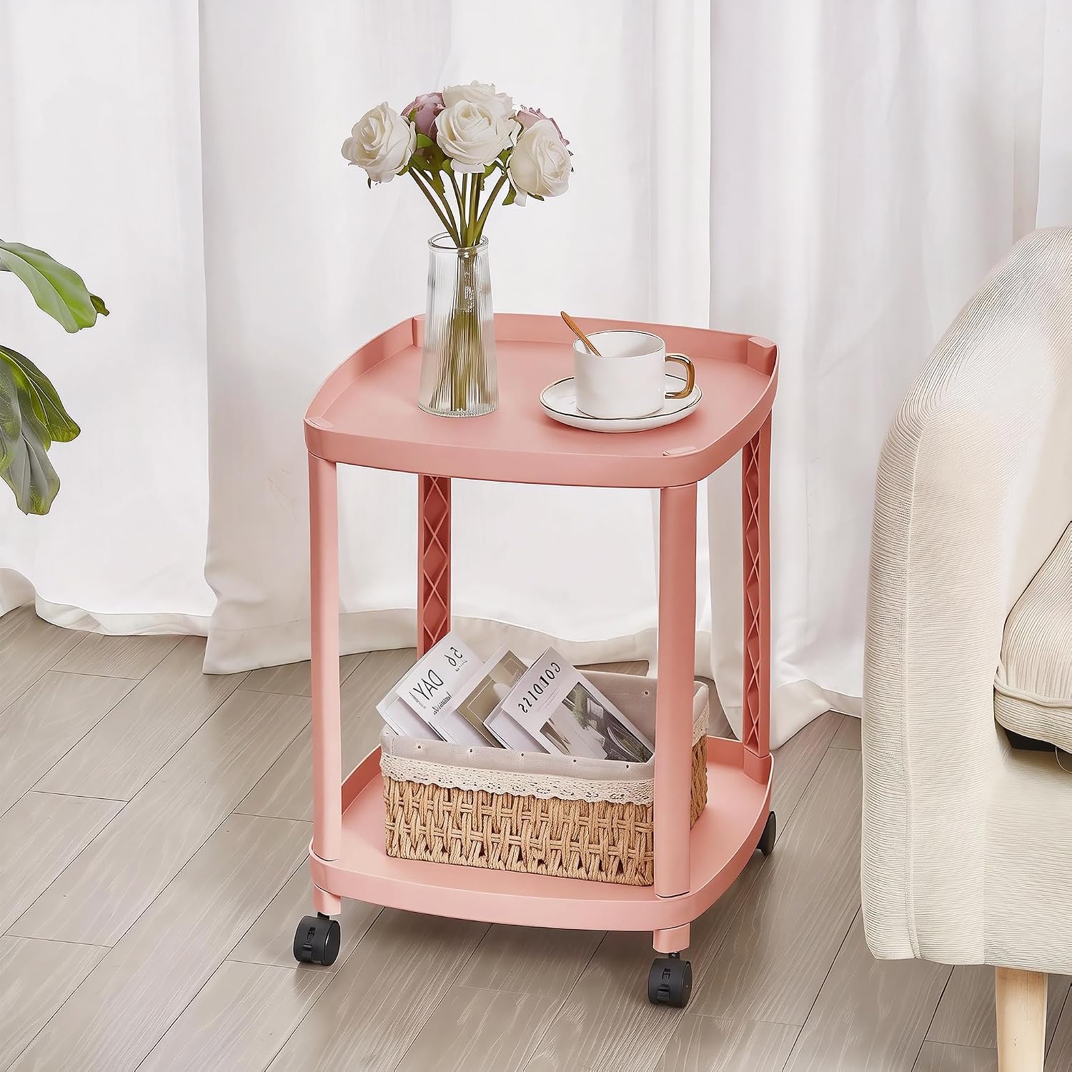 VECELO Rolling End Side Table with Lockable Wheels