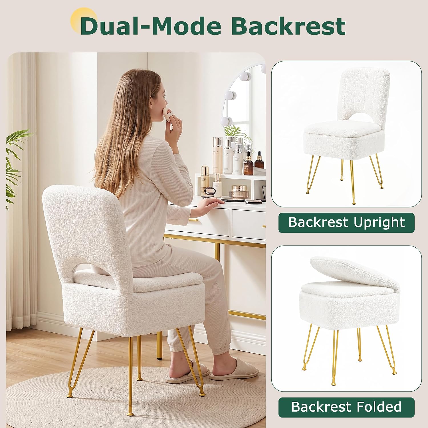 VECELO Vanity Stool Chair with Storage and Folding Back