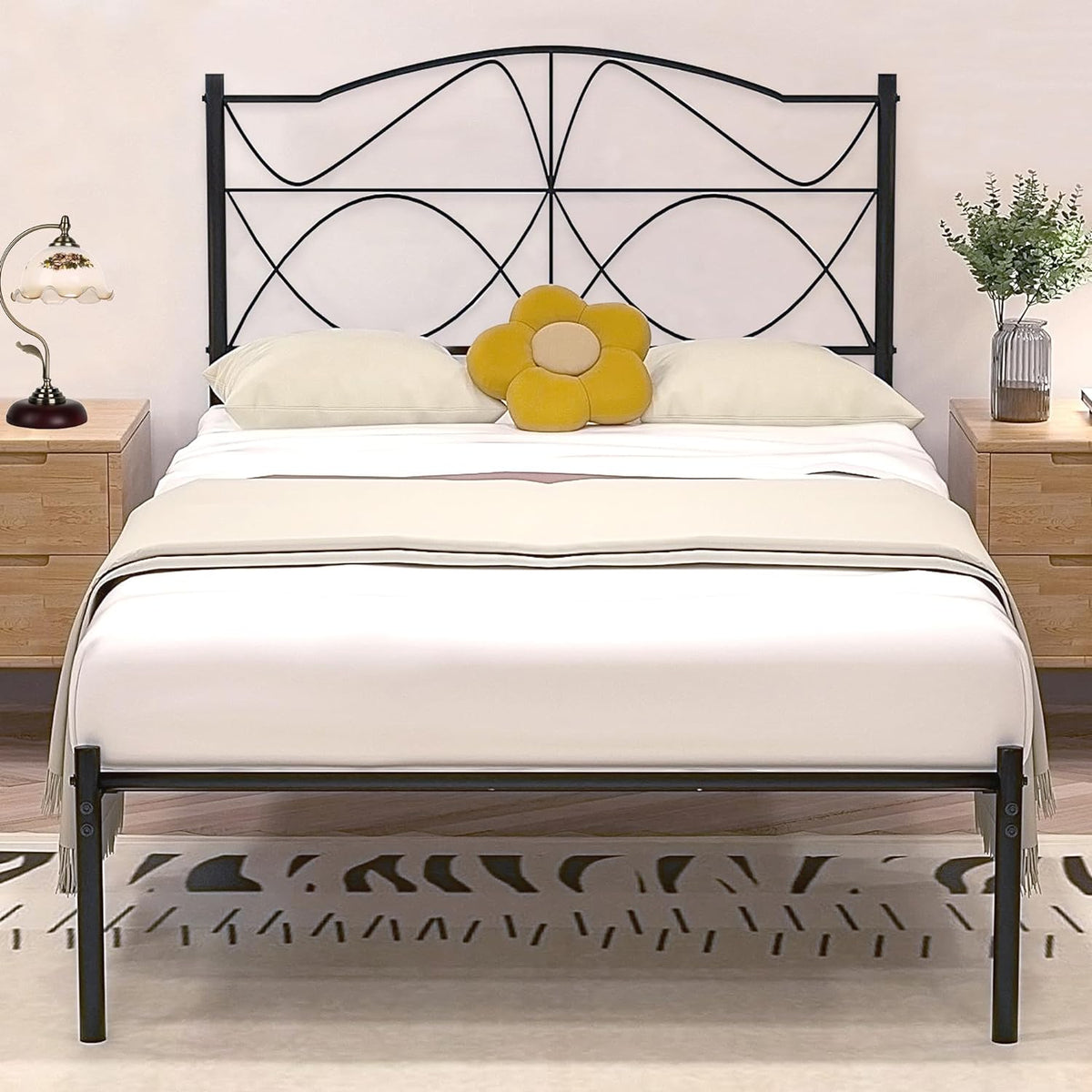 VECELO Bed Frame, Metal Bed Platform with Headboard