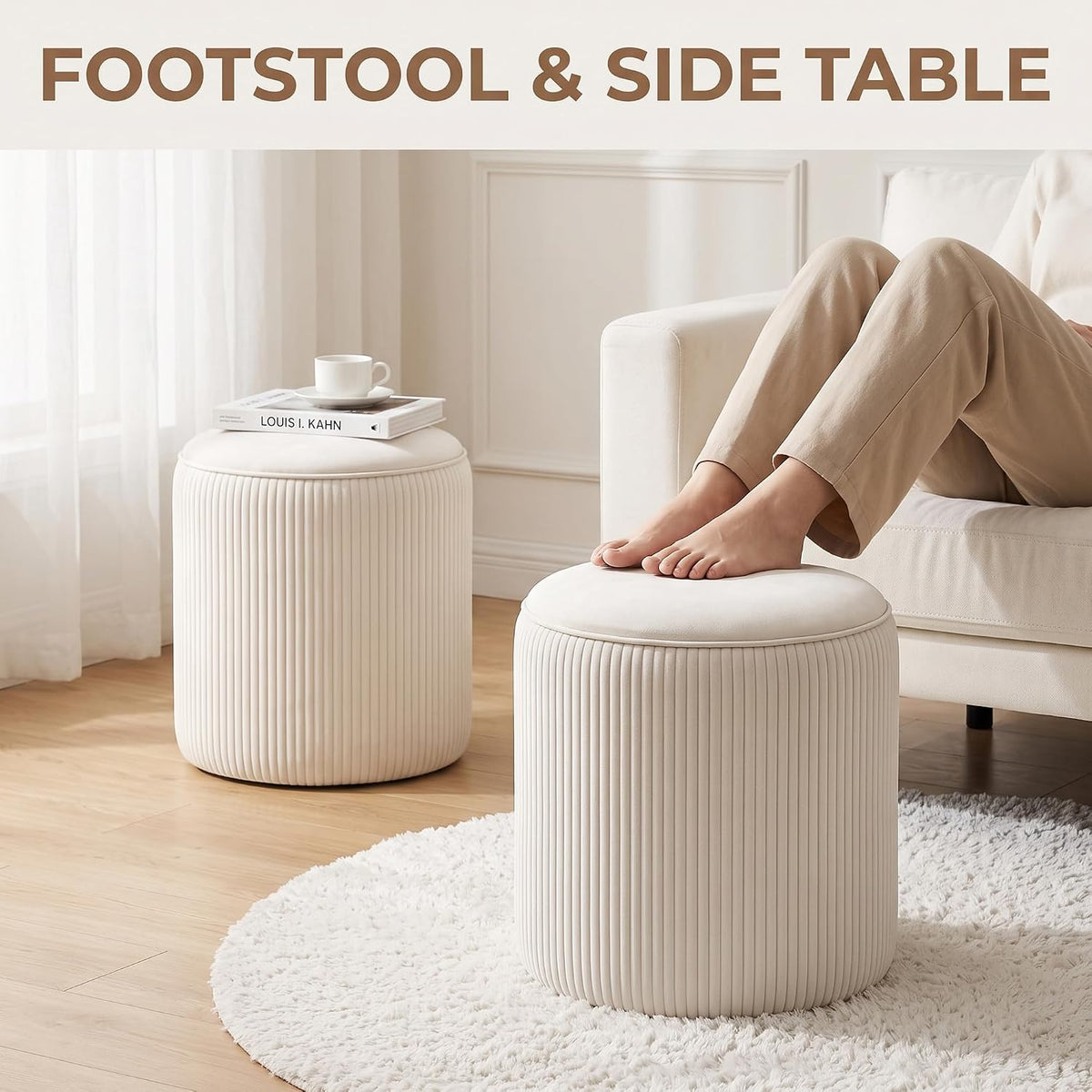 VECELO Round Velvet Storage Ottoman, Beige Upholstered Padded Vanity Stool,