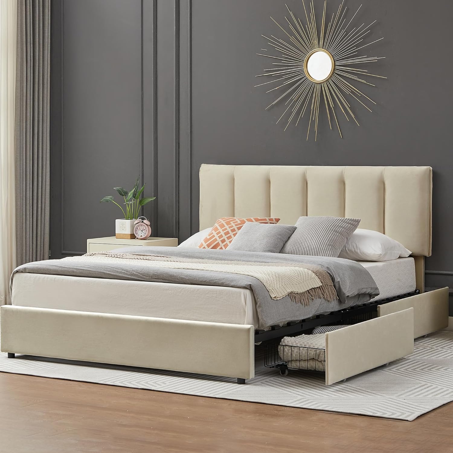 VECELO Upholstered Bed Frame with 4 Storage Drawers and Adjustable Velvet Headboard