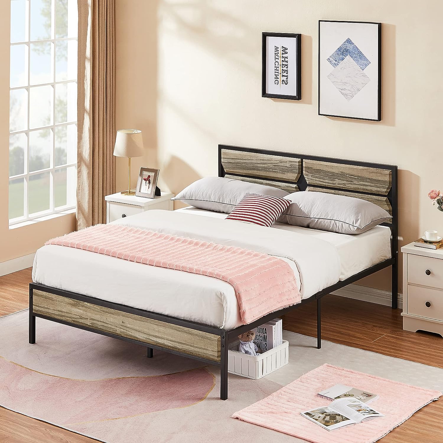 VECELO Metal Bed Frame Platform with Wooden Headboard&Footboard Mattress Foundation