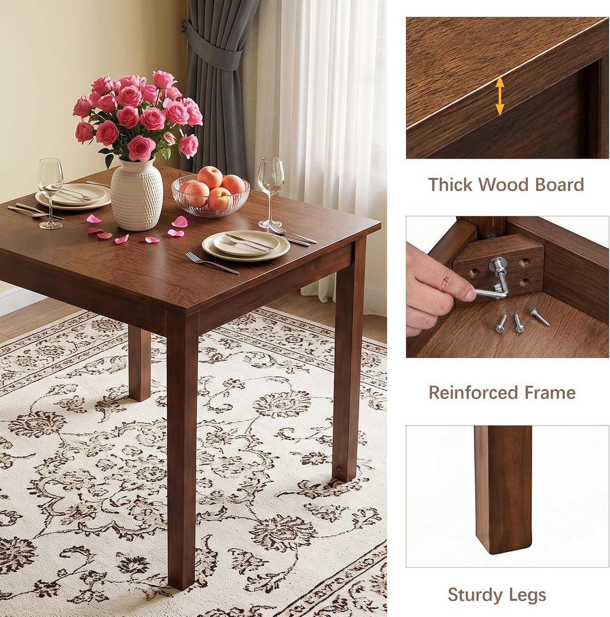 VECELO Square Dining Table for 2-4 People  29” x 29” Compact Kitchen Table with Solid Wood Legs