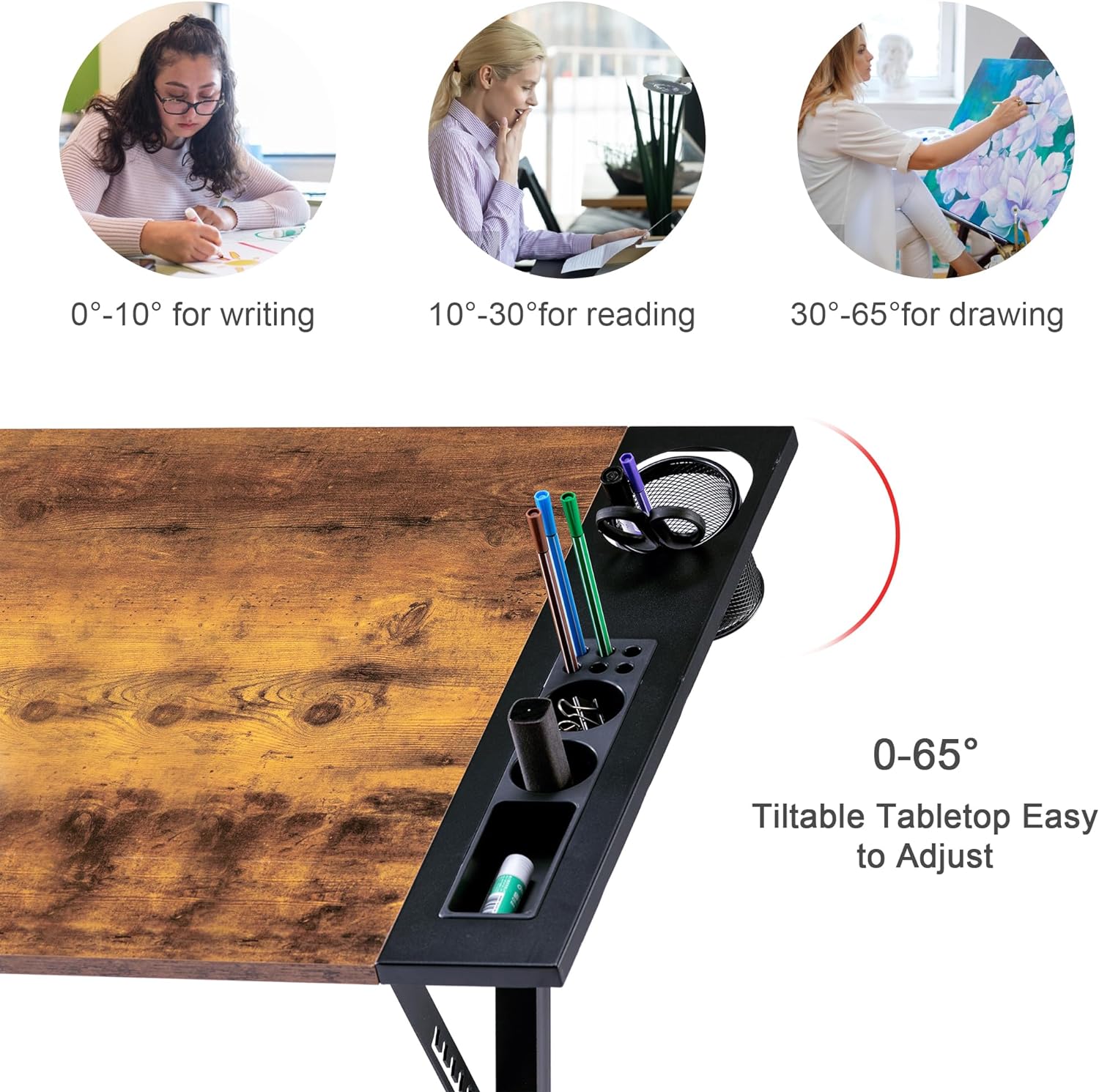 VECELO Vintage Drawing Drafting Table, Adjustable Tilting Top Art Desk