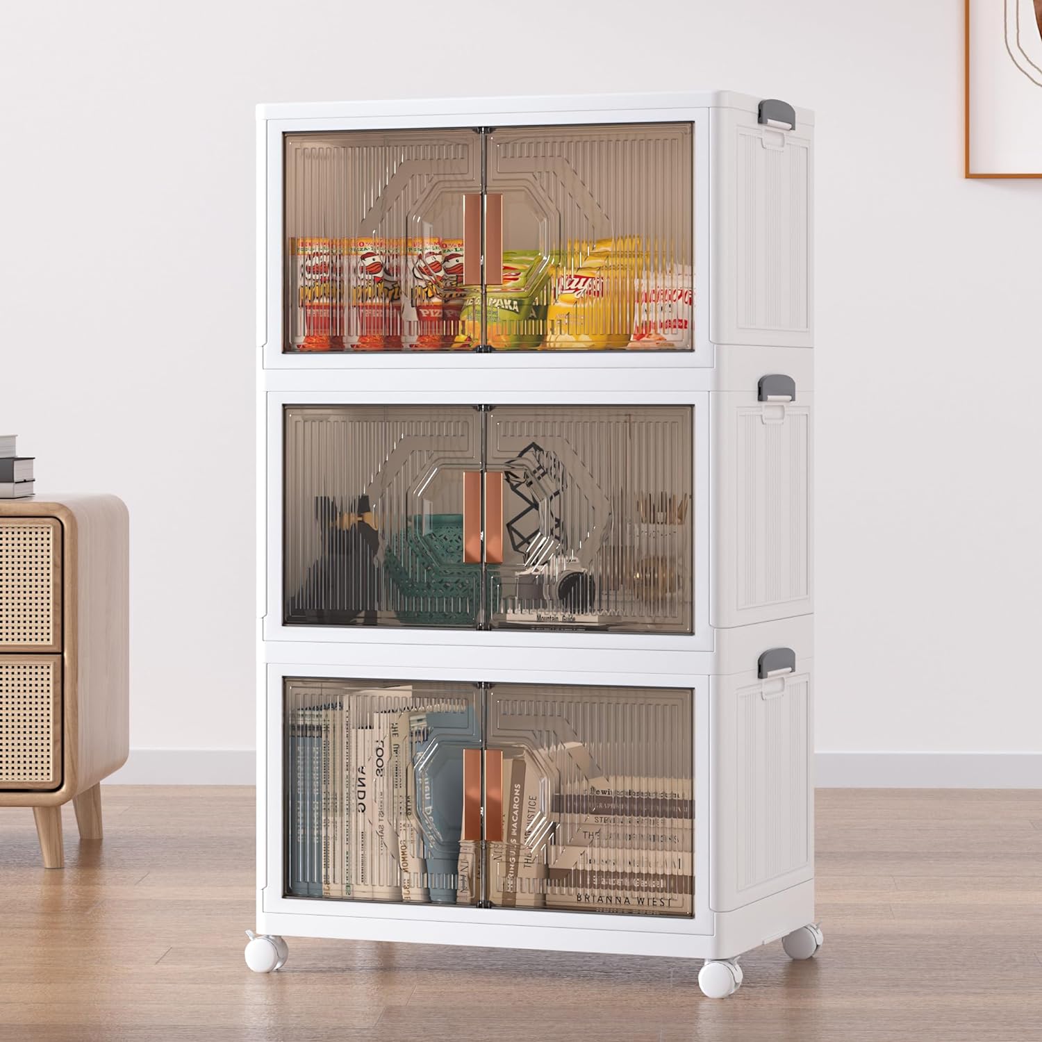 VECELO 3 Pack Plastic Foldable Stackable Storage Bin Double Door 19 Ga