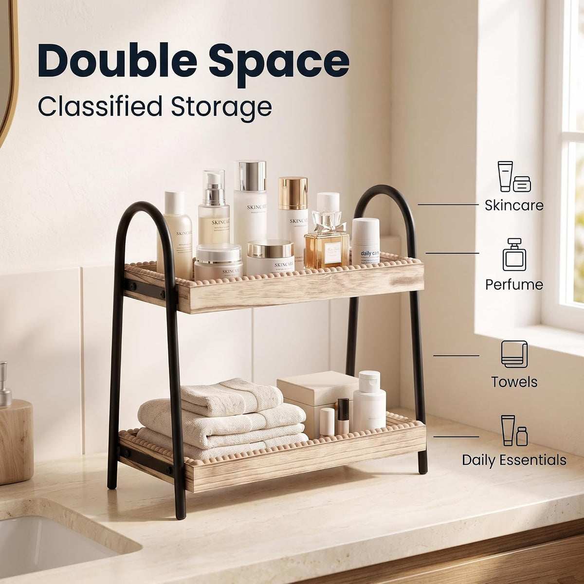 VECELO Bathroom Counter Organizer  Wood Bead Makeup Organizer Countertop
