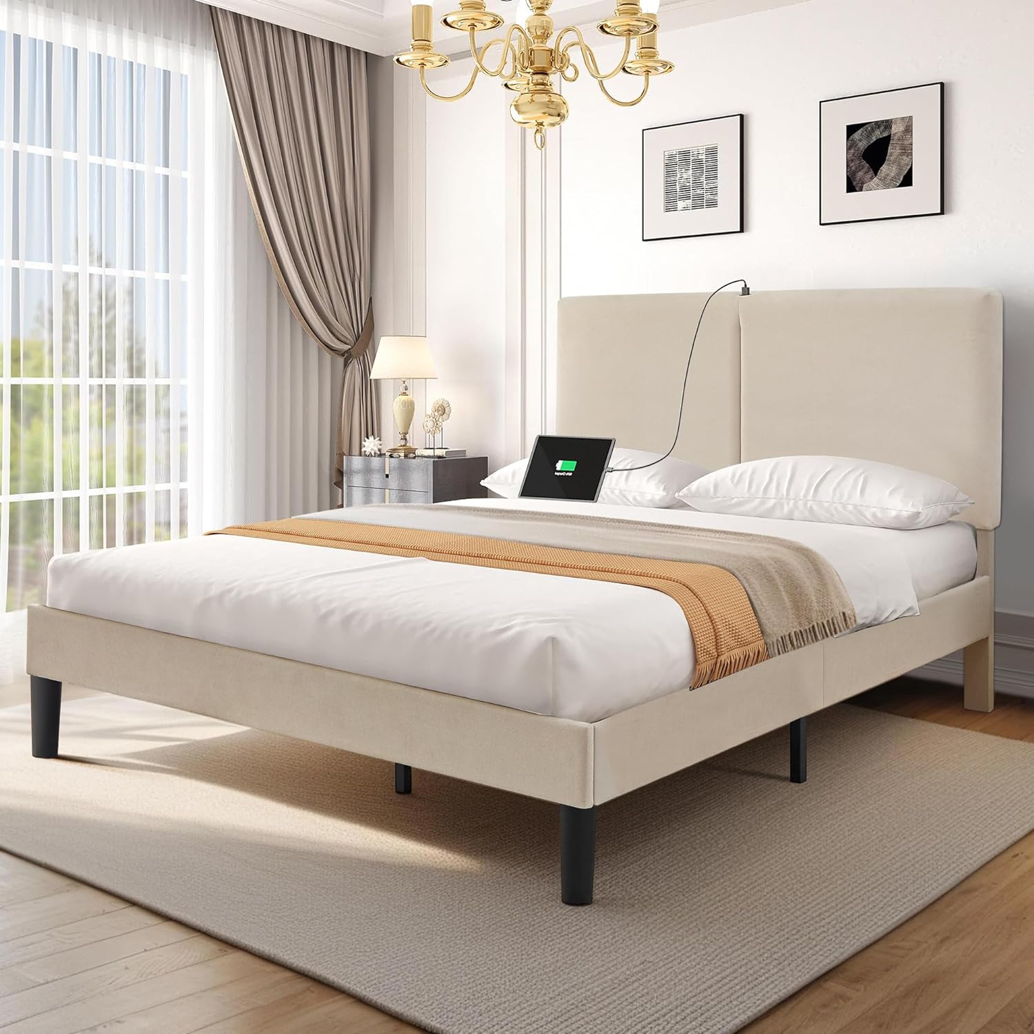 VECELO Twin/Full/Queen Bed Frame Upholstered Platform with Type-C & USB Ports Height-Adjustable Cotton and Linen Headboard