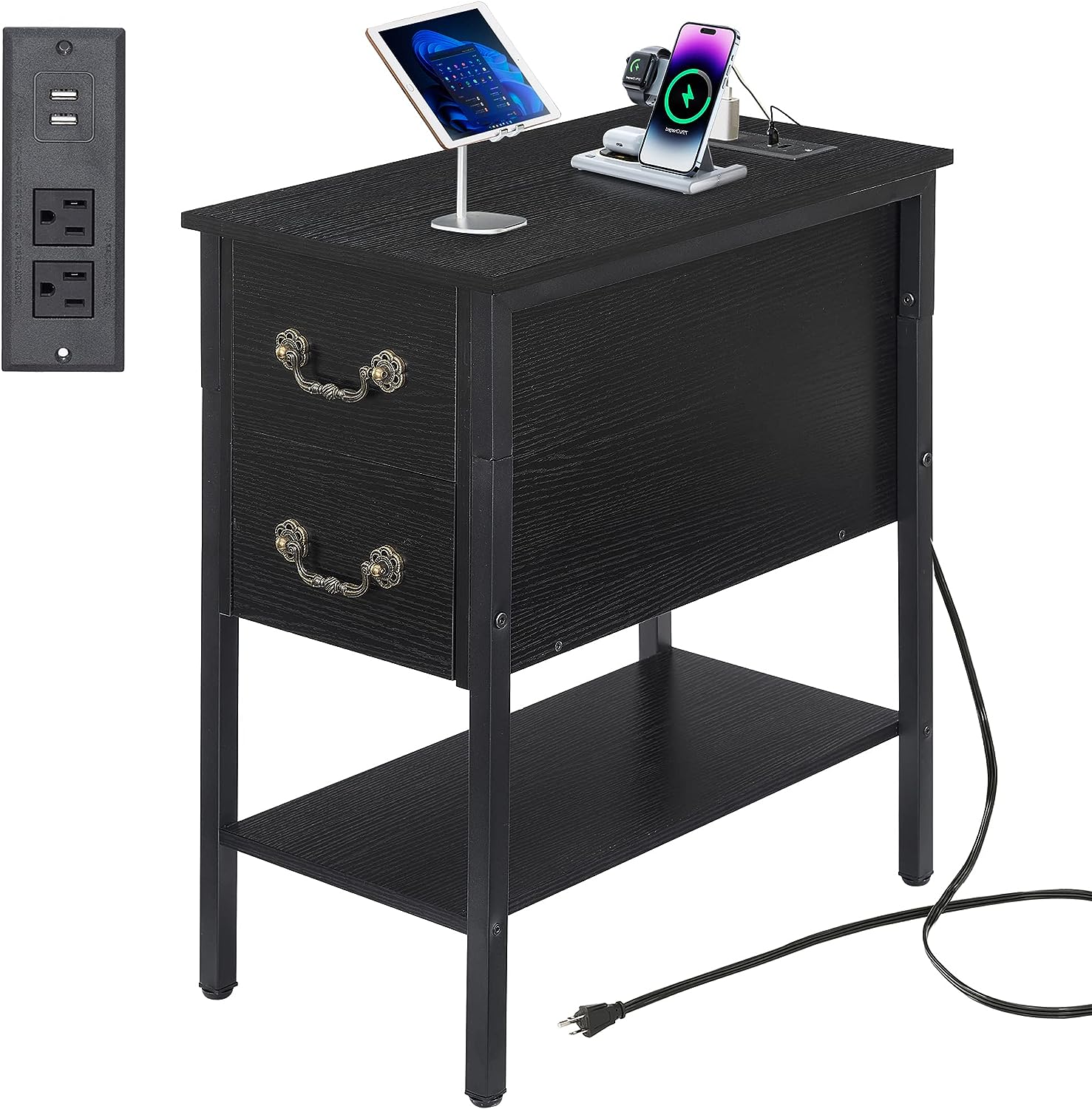 VECELO Tall End Table with Charging Station, Narrow Nightstands with 2 Drawers & USB Ports & Power Outlets