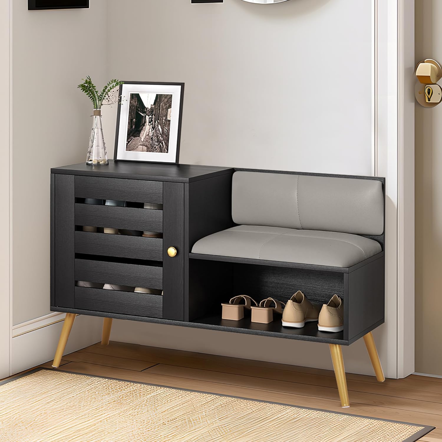 VECELO Entryway Bench with Storage Shoe Cabinet & Adjustable Shelf Louvered Door Removable PU Seat Cushion and Backrest