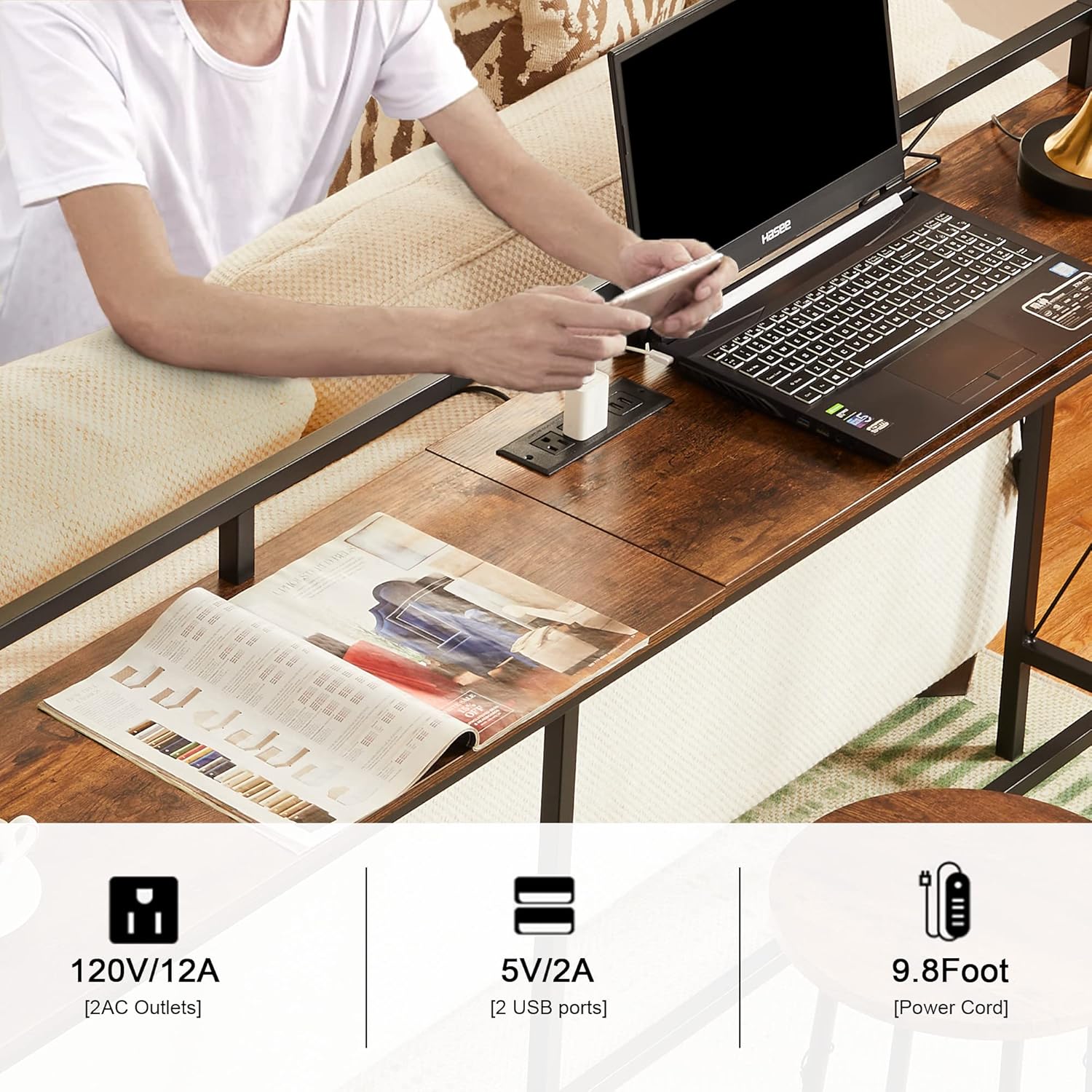 VECELO 71 Inch Console Table with 2 Outlet and 2 USB Ports