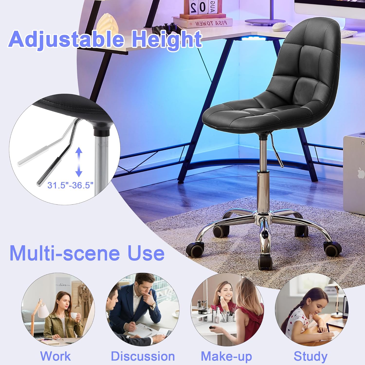 VECELO Modern Armless Home Office Desk Chair, Height Adjustable, PU Leather 360 Degree Swivel with Wheels