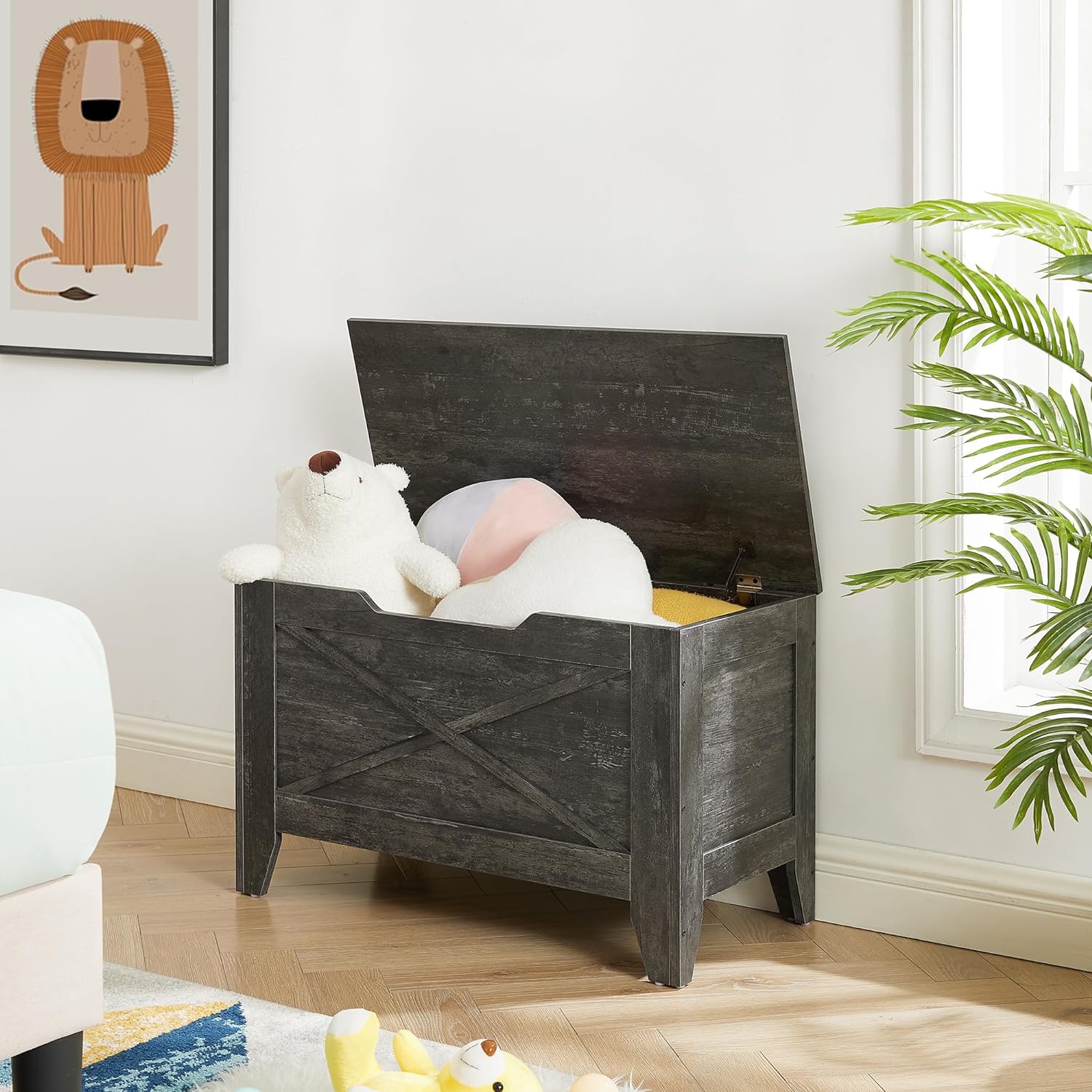 VECELO Storage Shoe Bench Industrial Barn-Door Style Toy Chest Cabinet with Safety Hinges Knotcushion