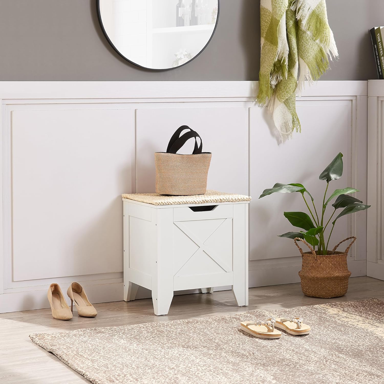 VECELO Storage Shoe Bench Industrial Barn-Door Style Toy Chest Cabinet with Safety Hinges Knotcushion