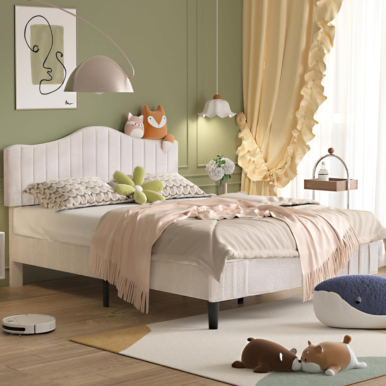 VECELO Upholstered Platform Bed Frame with Sheepskin Fabric Adjustable Headboard/Strong Wood Slats Supports