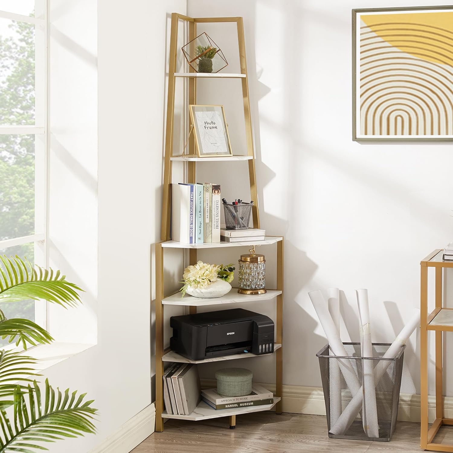 VECELO 4-Tier Ladder Corner Storage Shelf with Metal Frame, Multipurpo