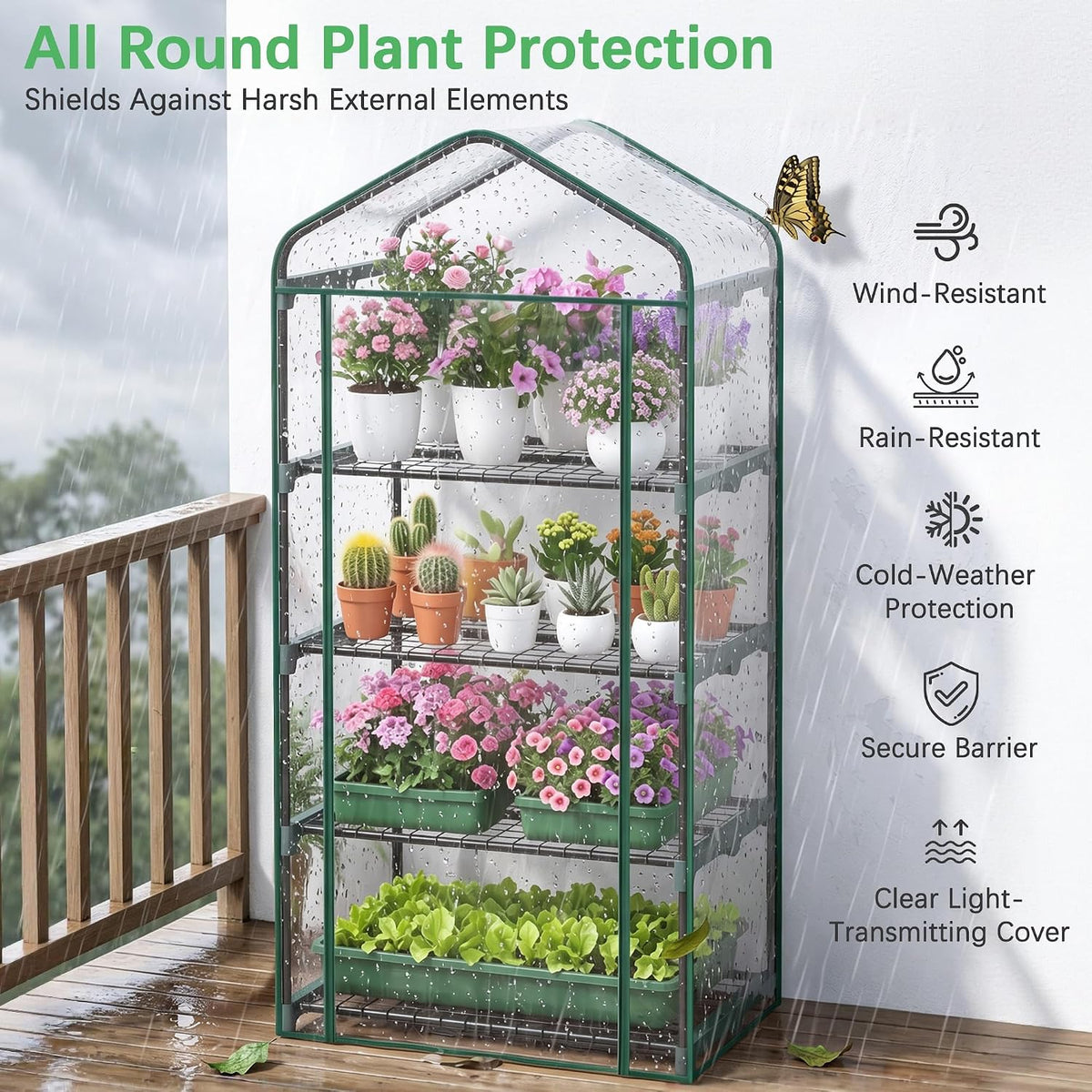 VECELO 4-Tier Greenhouse with LED Grow Light  Portable Plant Green House