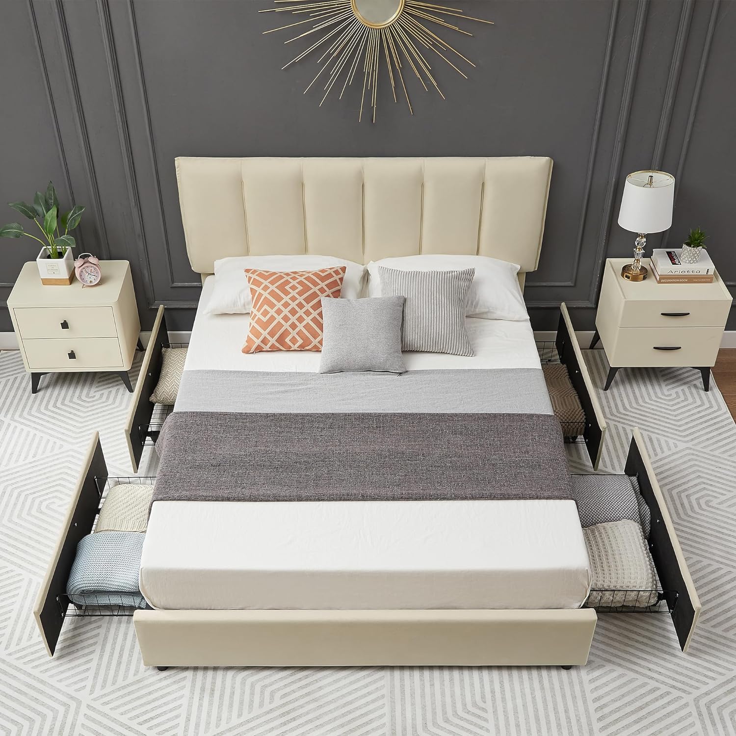 VECELO Upholstered Bed Frame with 4 Storage Drawers and Adjustable Velvet Headboard