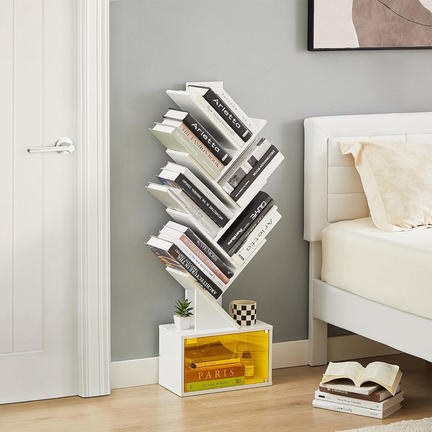 VECELO Tree Bookshelf, 7-Tier Tree Bookcase Wood Shelves Display with Storage Cabinet