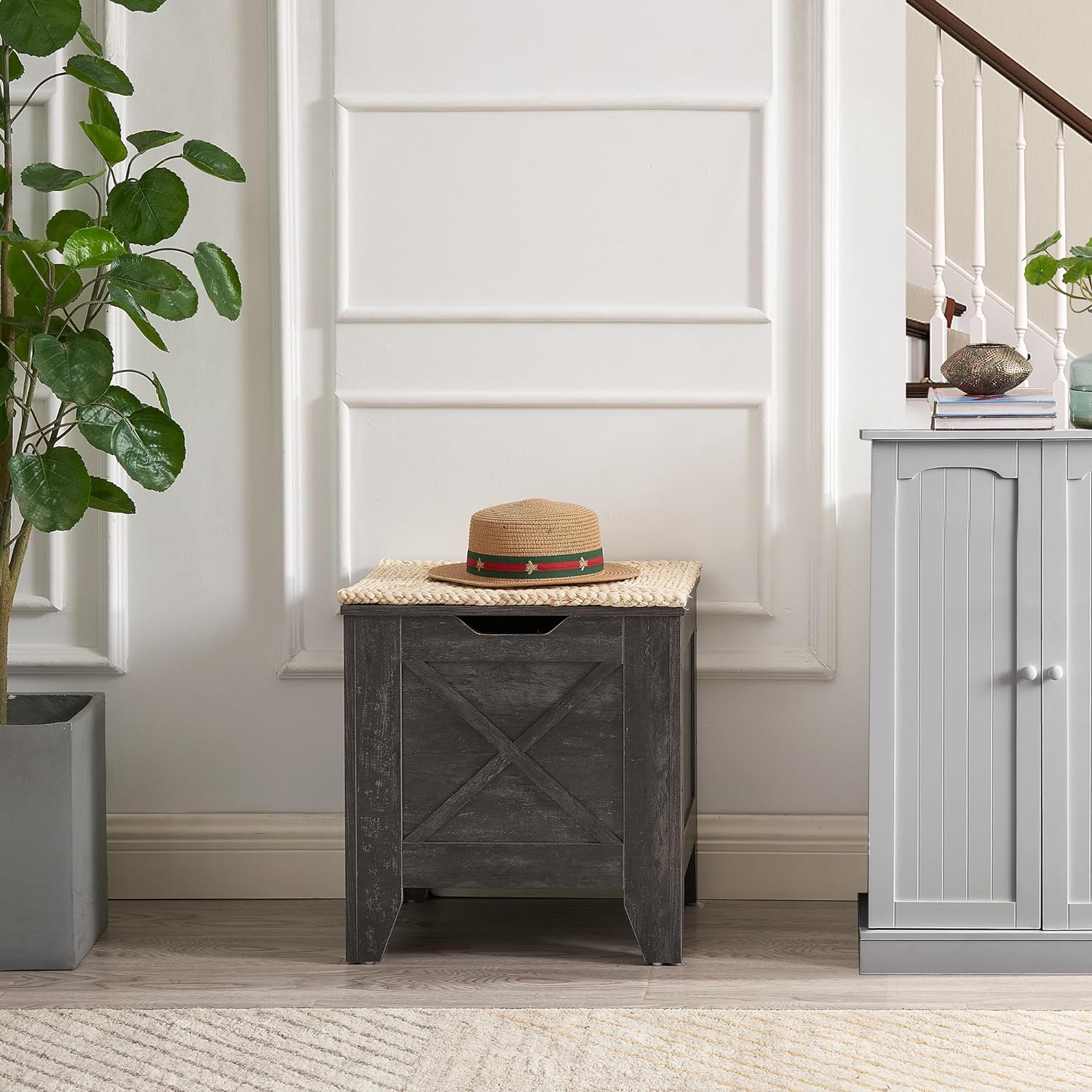 VECELO Storage Shoe Bench Industrial Barn-Door Style Toy Chest Cabinet with Safety Hinges Knotcushion