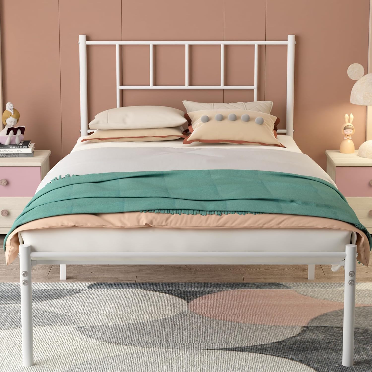 VECELO Bed Frame, 14 Inch Metal Platform with Headboard, Heavy Duty Steel Slat Support - VECELO