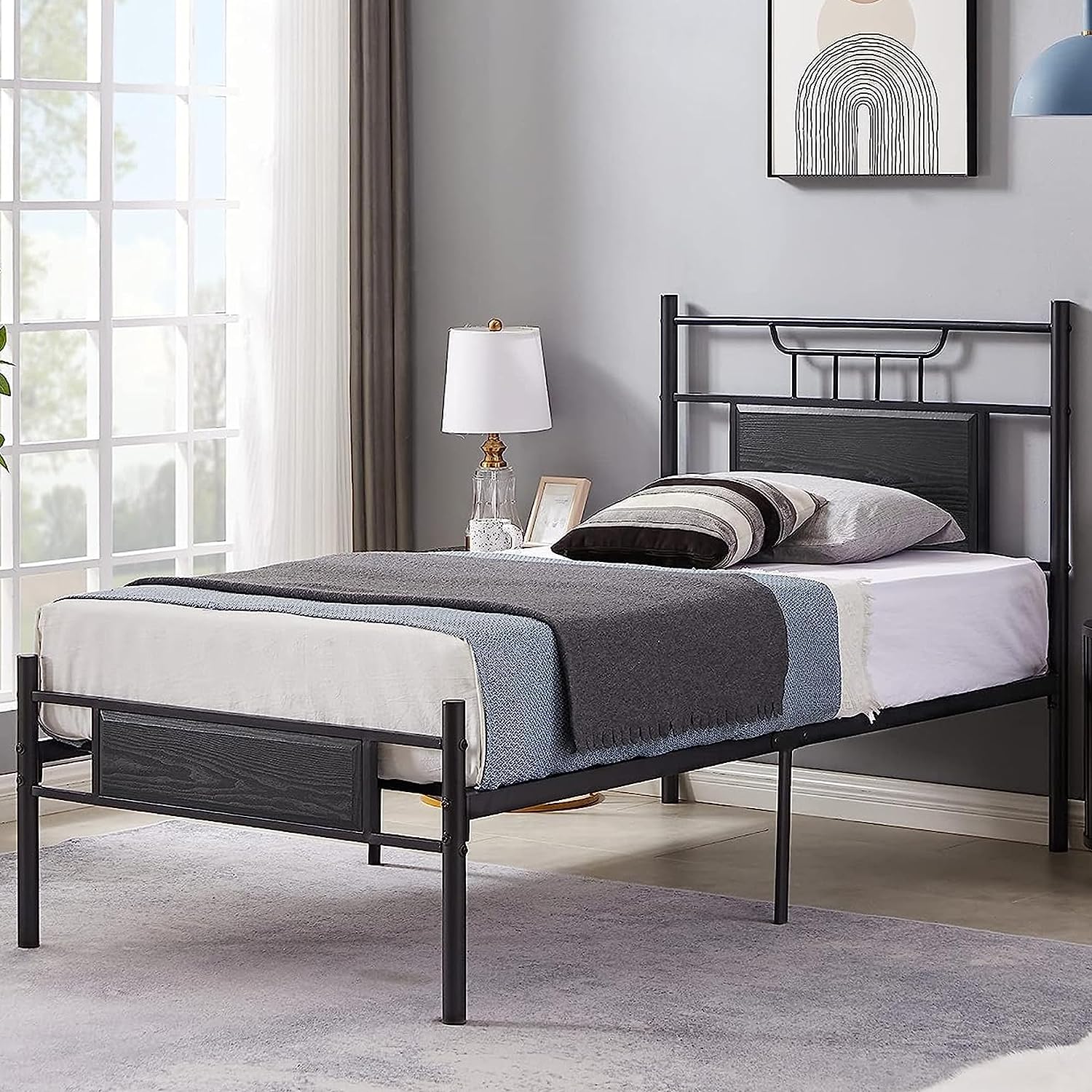 VECELO Size Bed Frame with Wooden Headboard, Metal Platform Bed