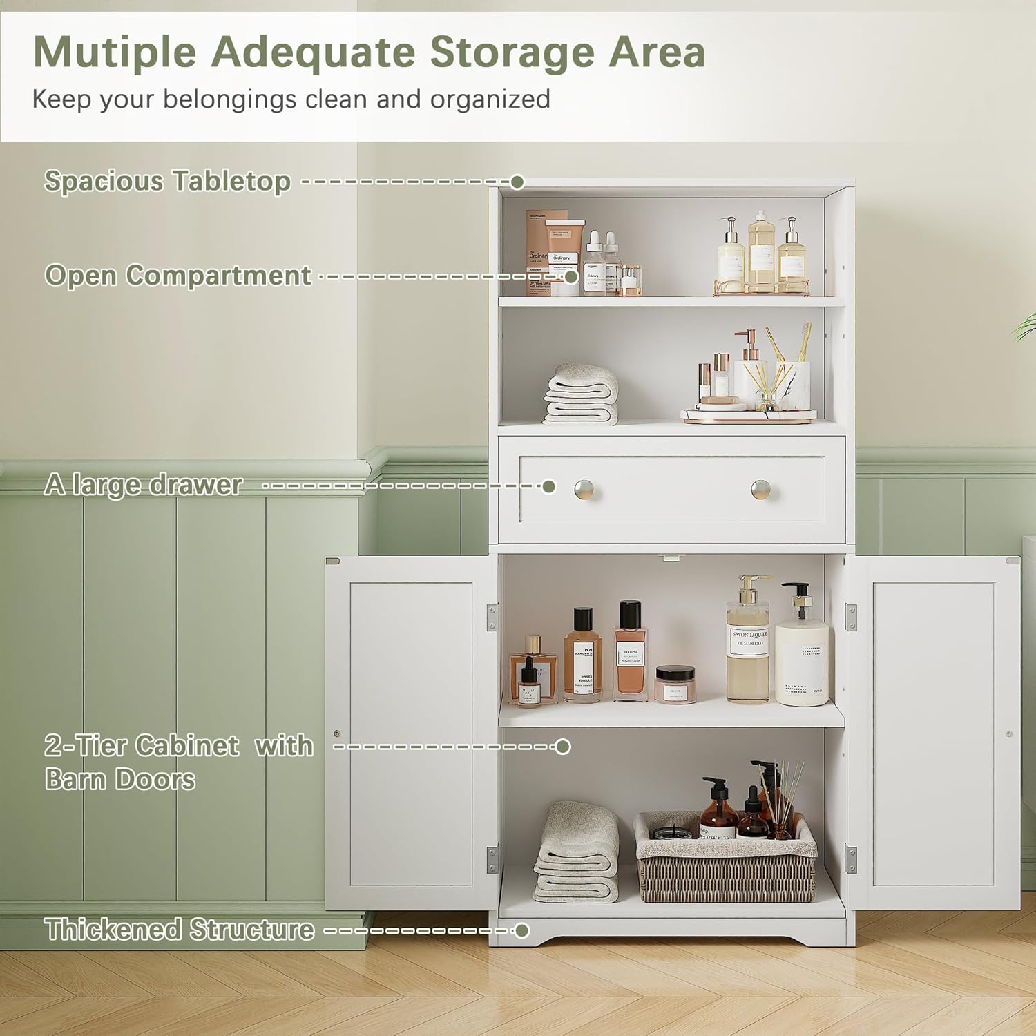 VECELO Bathroom Floor Cabinet, Freestanding Storage Cabinet with Drawer & Doors