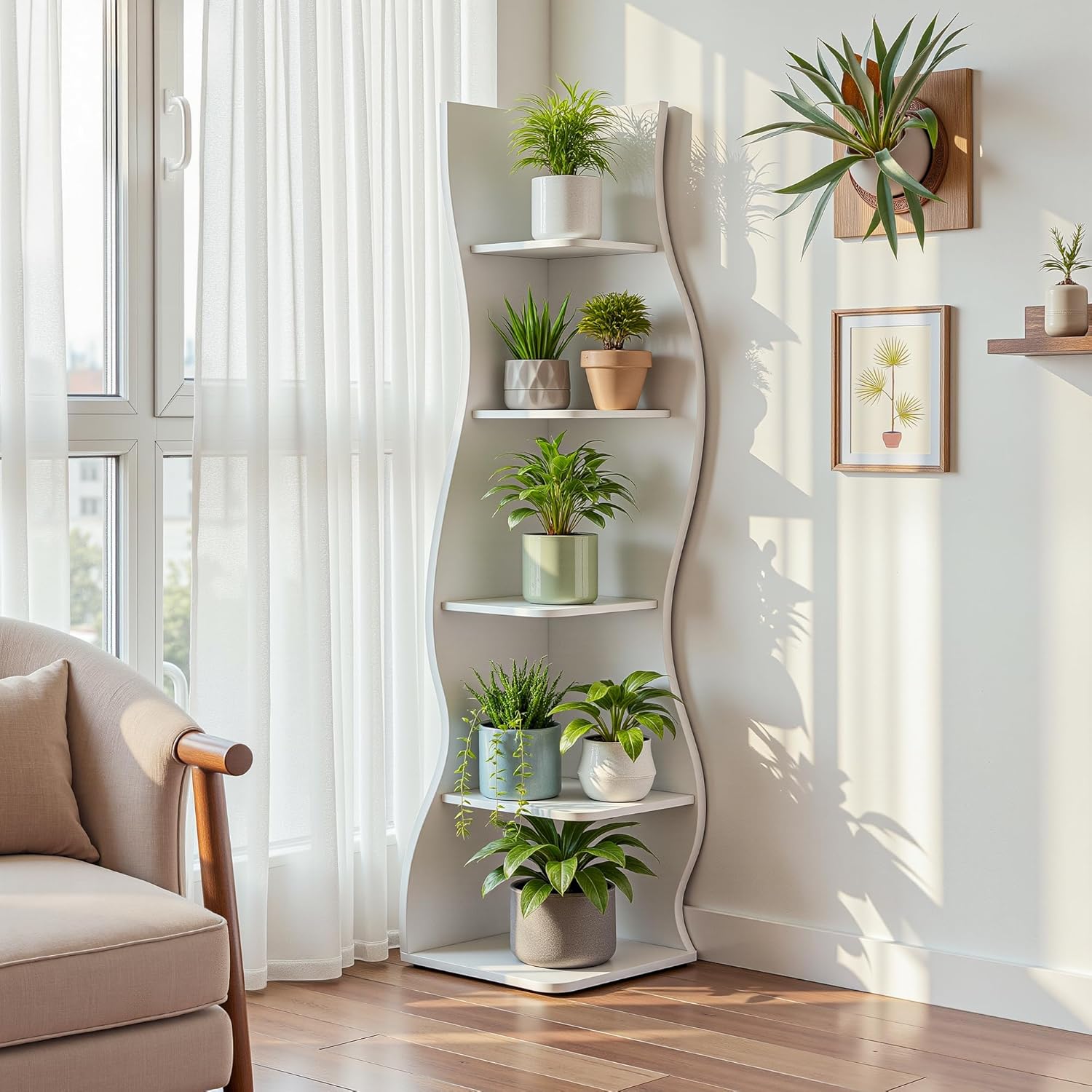 VECELO Wavy Corner Shelf, Decorative 5-Tier Storage Bookshelf