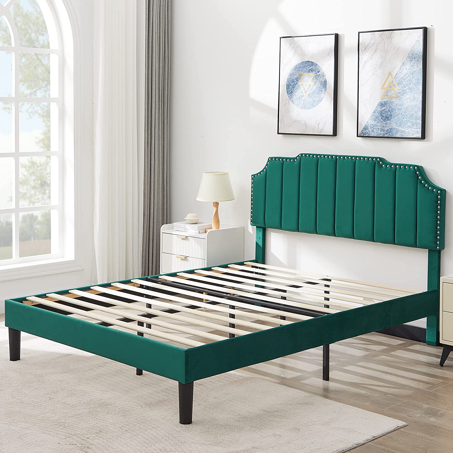 Upholstered Platform Bed Frame with Tufted Adjustable Headboard