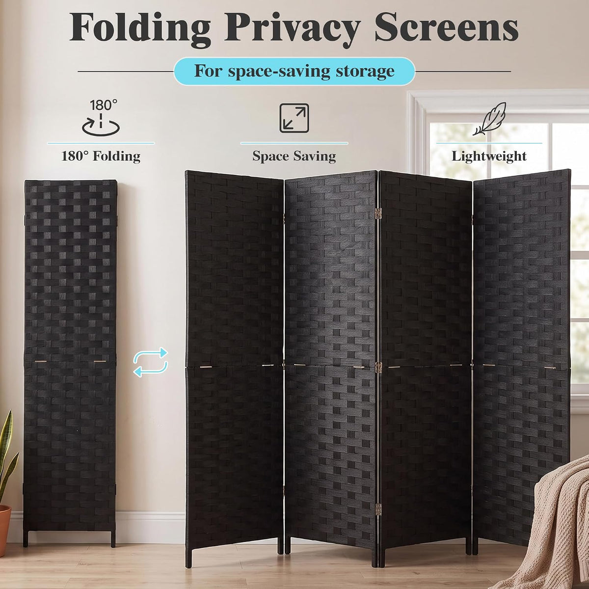 VECELO Room Divider, 4 Panel Folding Privacy Screens, Black