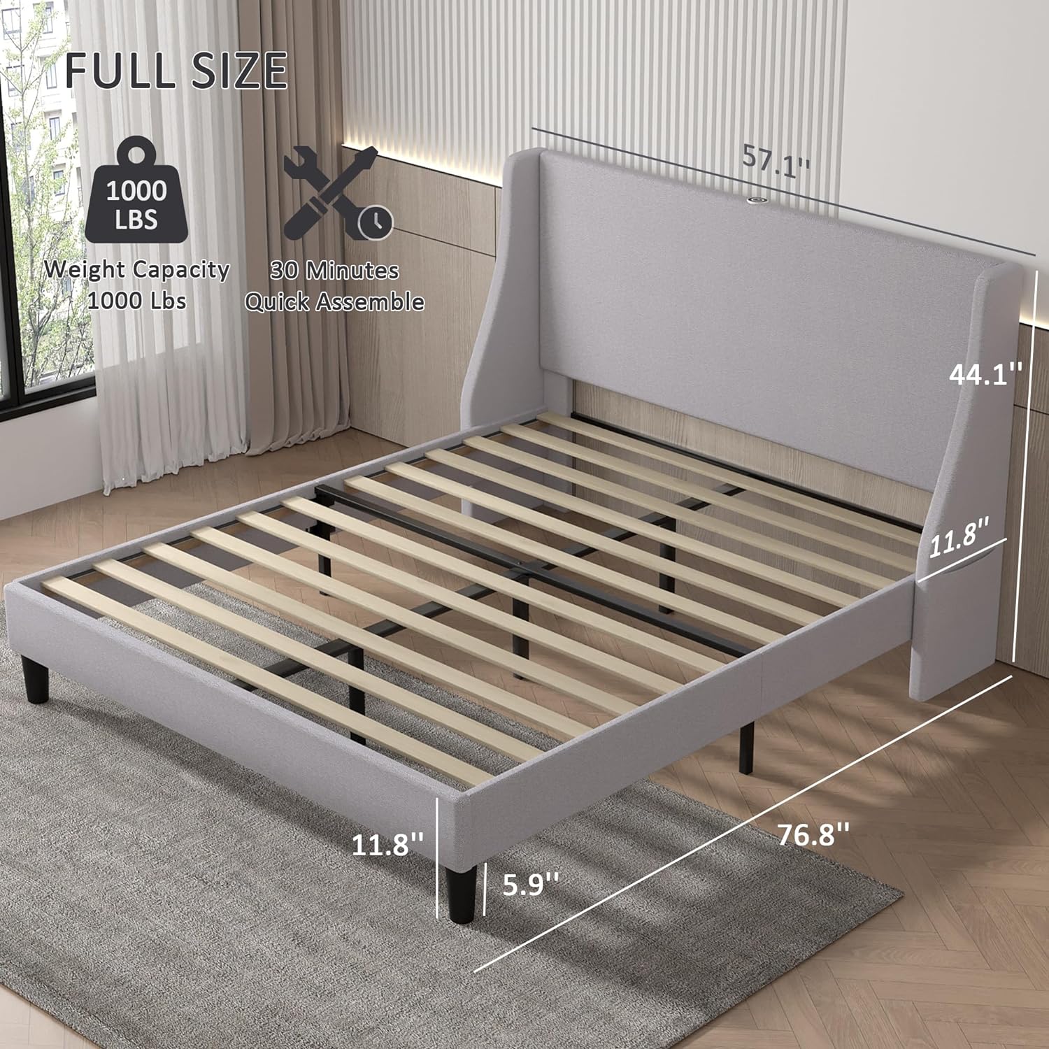 VECELO Bed Frame with Upholstered Wingback Headboard - VECELO