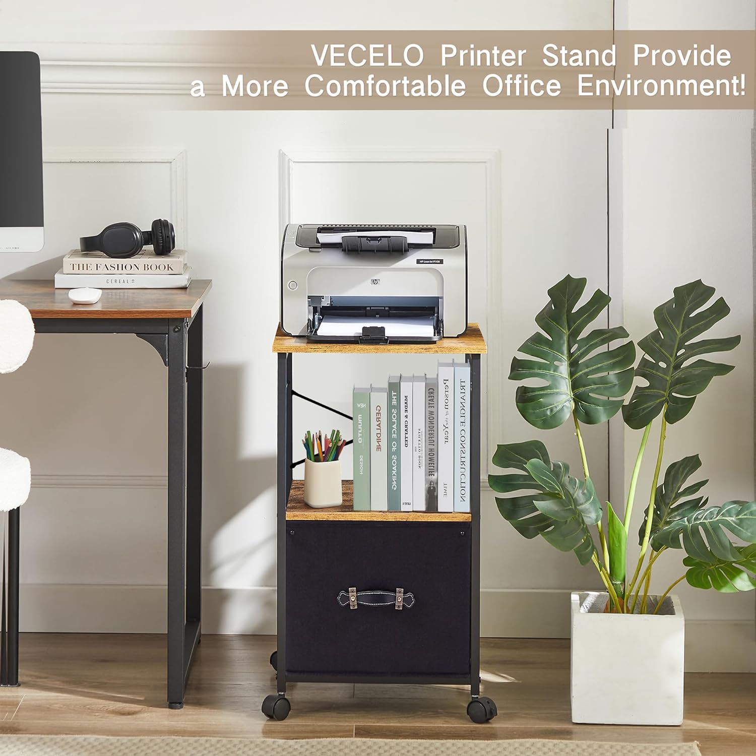 VECELO File Cabinet with Open Storage Shelf, Rolling Printer Stand with Large Fabric Drawer