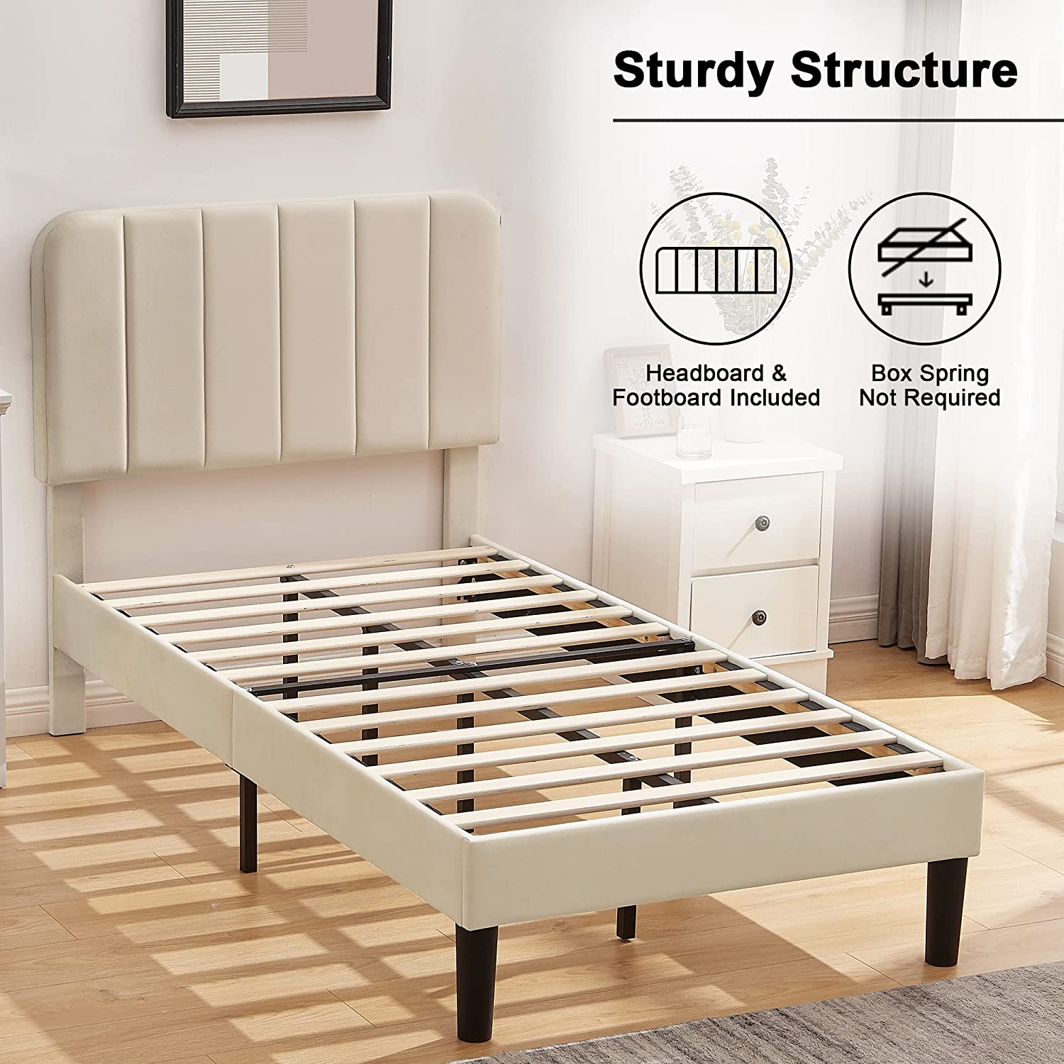 VECELO Bed Frame, Upholstered Platform bedframe with Adjustable Headboard, No Box Spring Needed