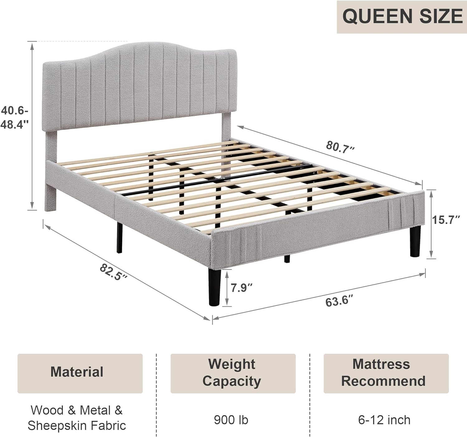 VECELO Upholstered Platform Bed Frame with Sheepskin Fabric Adjustable