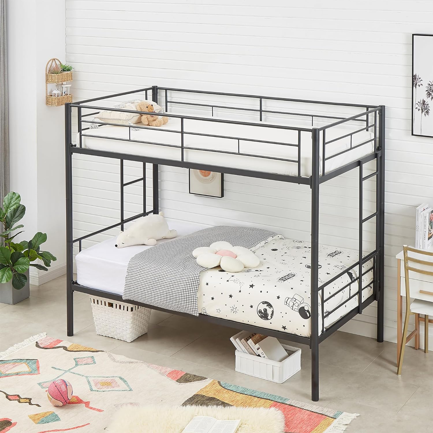VECELO Metal Bunk Bed Twin Over Twin, Industrial Bunkbeds with Ladder and Full-Length Guardrail