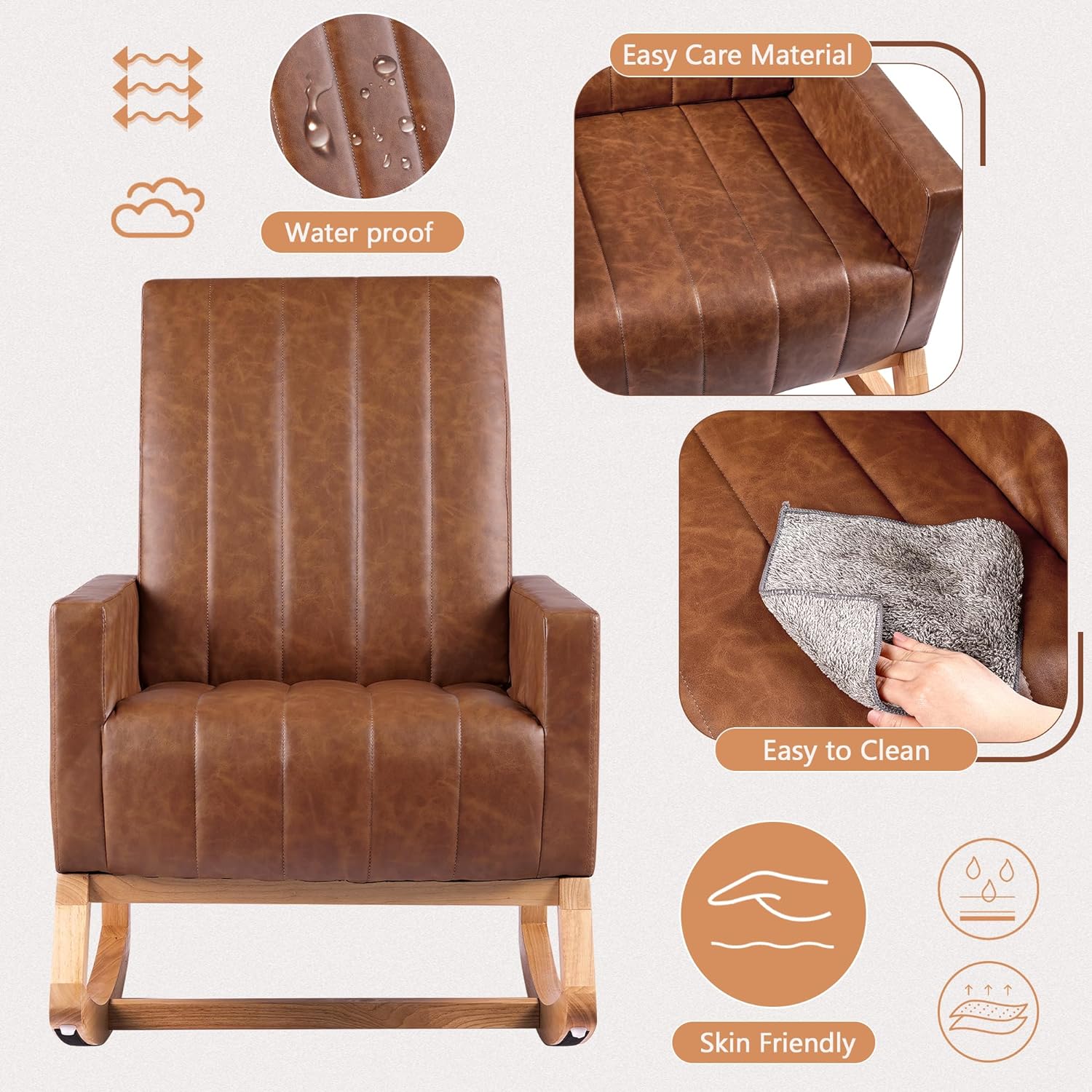 VECELO Rocking Chair Upholstered Nursery Glider Rocker High Backrest Comfy Armchair with Side Pocket and USB Port