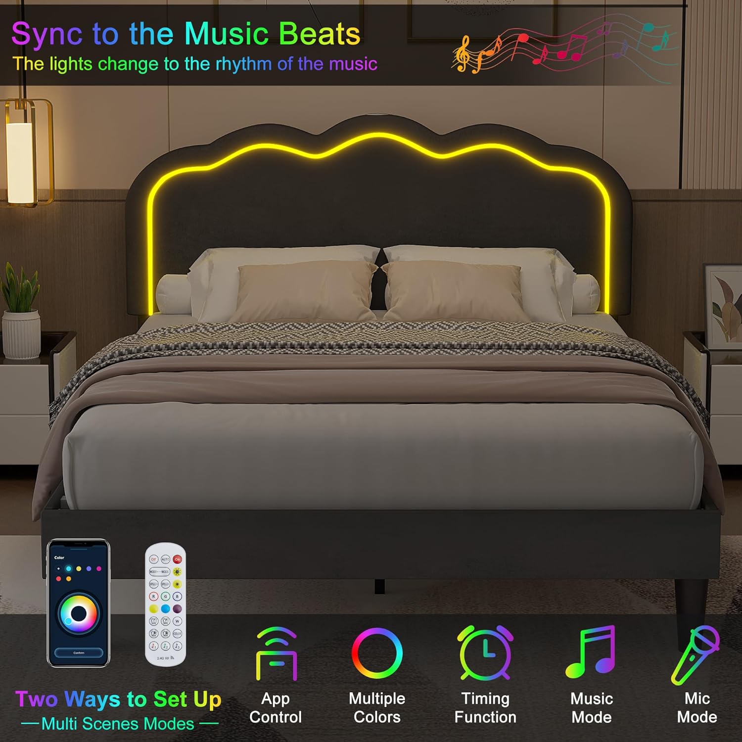 VECELO Upholstered Velvet Platform Bed Frame with Headboard Adjustable, LED Lights, USB-A & Type-C