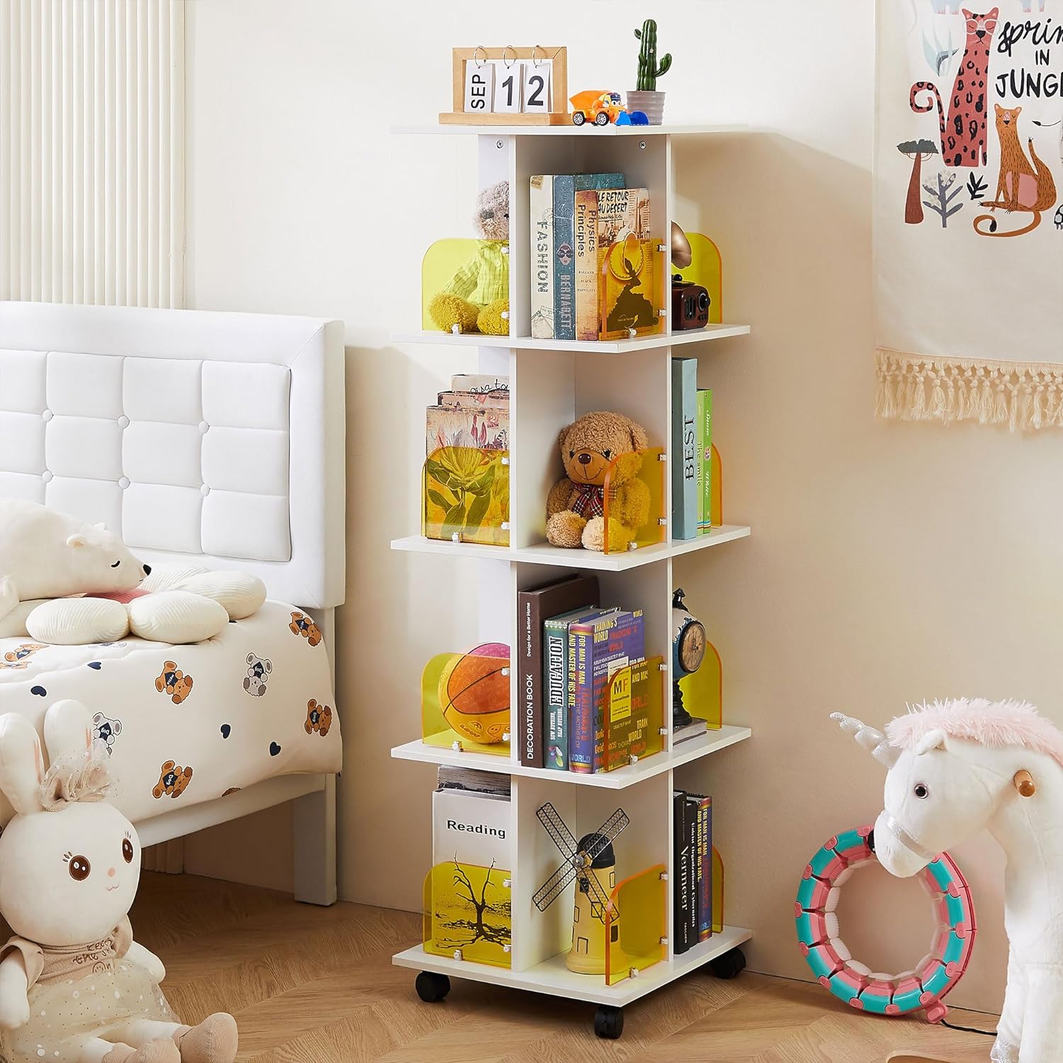 VECELO 4 Tier Rotating Bookshelf Tower,360° Corner Display Shelf with Wheels - VECELO