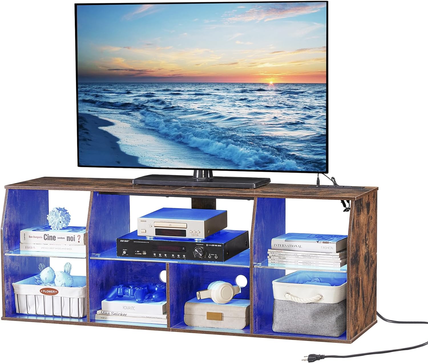 VECELO TV Stand with LED Strip & Power Outlets, Industrial Entertainment Center